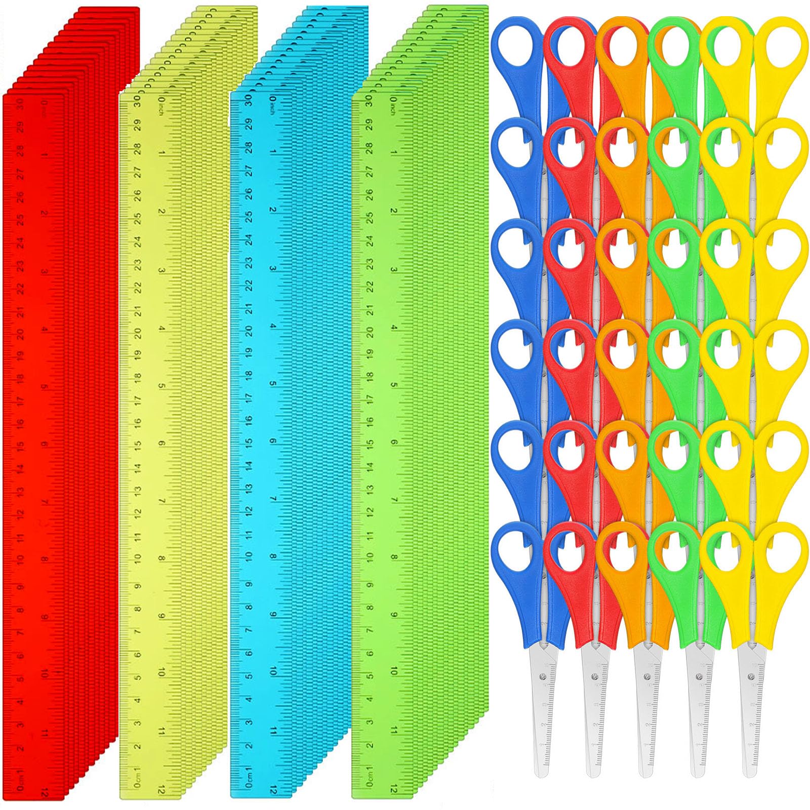 PerKoop 200 pezzi di forniture scolastiche con 100 forbici di sicurezza con punta smussata per studenti, 100 righelli in plastica da 30,5 cm, kit di forniture per il rientro a scuola per operazioni di
