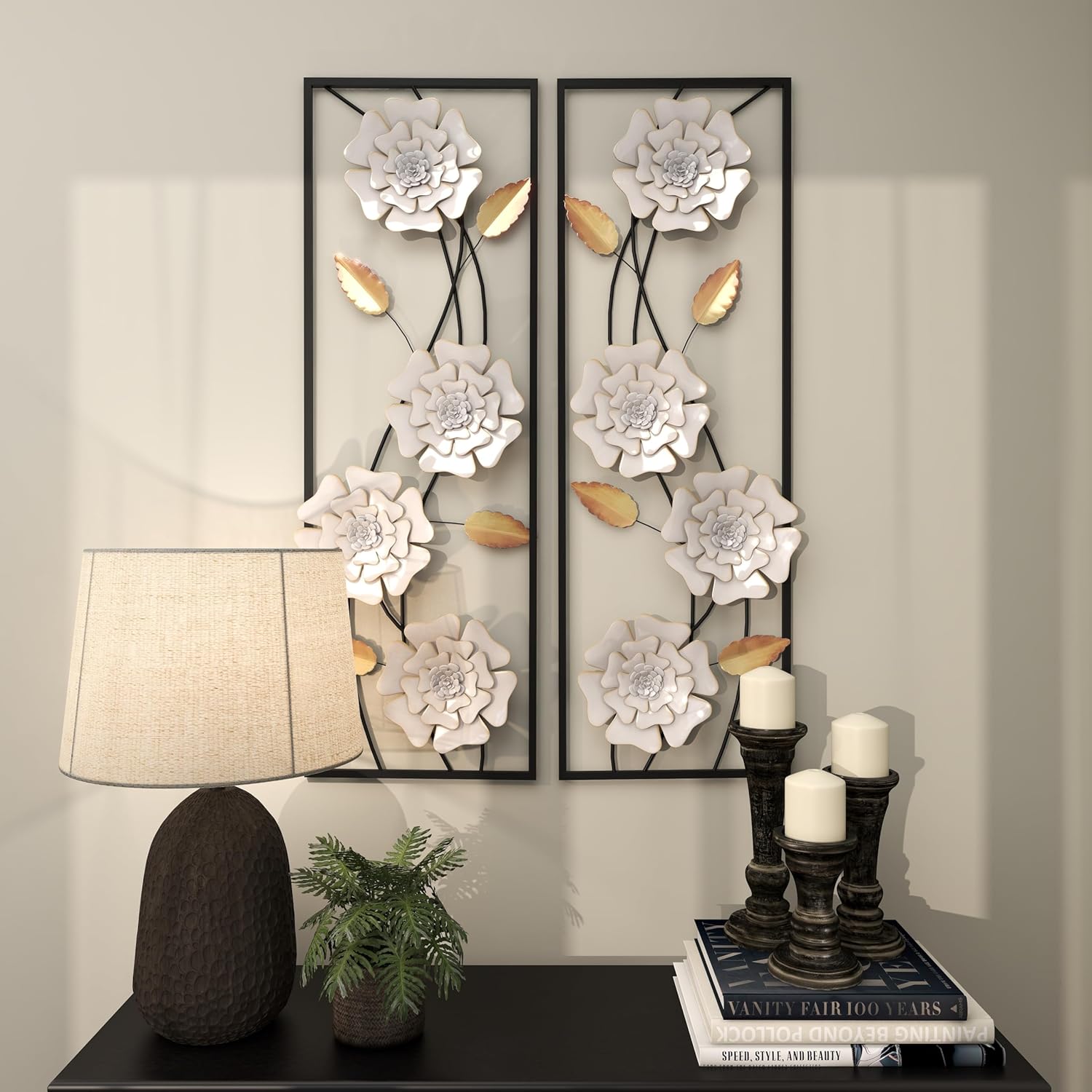 Deco 79 Metal Floral Home Wall Decor Dimensional Floating Wall Sculpture with Black and Gold Accents, Set of 2 Wall Art 12"W, 36"H, White & Gray