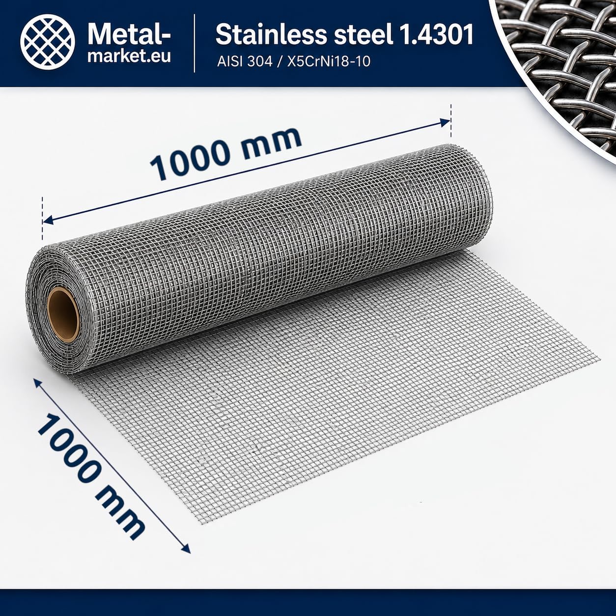 Toile métallique inox, tissu de tamisage et filtrant, V2A 1.4301, Mesh 30, dimensions 1000 x 1000 mm, Maille : 0,5 mm, diamètre du fil : 0,32 mm