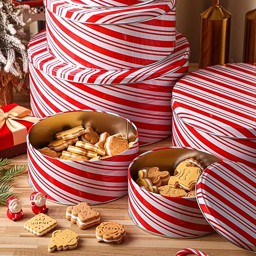 Miniatura 5 de 6 latas de galletas de Navidad con tapas, bastón de caramelo redondo para regalo, recipientes de galletas con tapas de metal, latas grandes,