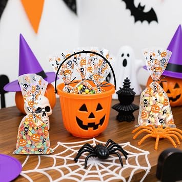 Morepack Halloween Cellophane Treat Bags 5x11 In Clear Candy Bags 120 Pcs | Cello Bags with Twist Ties for Trick or Treat Party Favors