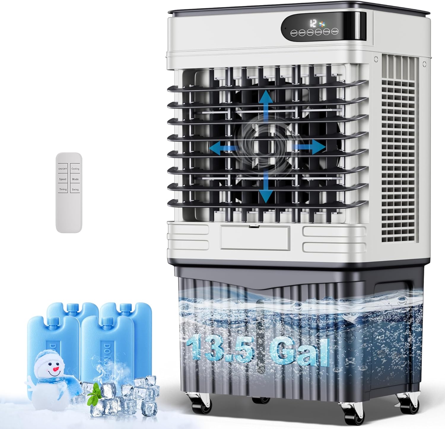 Swamp Cooler,3600CFM Portable Evaporative Air Cooler,Cooling Fan for Room Garage Patio,13.5 Gal Water Tank,3 Speeds,4 Ice Boxes,12H Timer,Remote,Suitable for bedrooms,offices,43inch