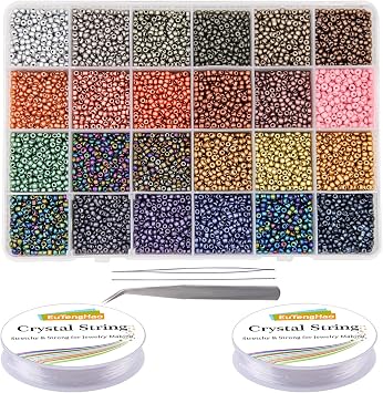 EuTengHao 8/0 Glass Seed Beads Kit, 3mm Metal Color Waist Beads, 24Colors Small Pony Beads with String for Bracelet Necklace Earring Jewelry Making 14405PCS, 600 Per Color