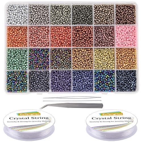 EuTengHao 8/0 Glass Seed Beads Kit, 3mm Metal Color Waist Beads, 24Colors Small Pony Beads with String for Bracelet Necklace Earring Jewelry Making (14405PCS, 600 Per Color)