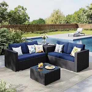 MFSTUDIO 4 Piece Wicker Patio Furniture Set with Navy Blue Cushions, Storage Box, and Glass Coffee Table