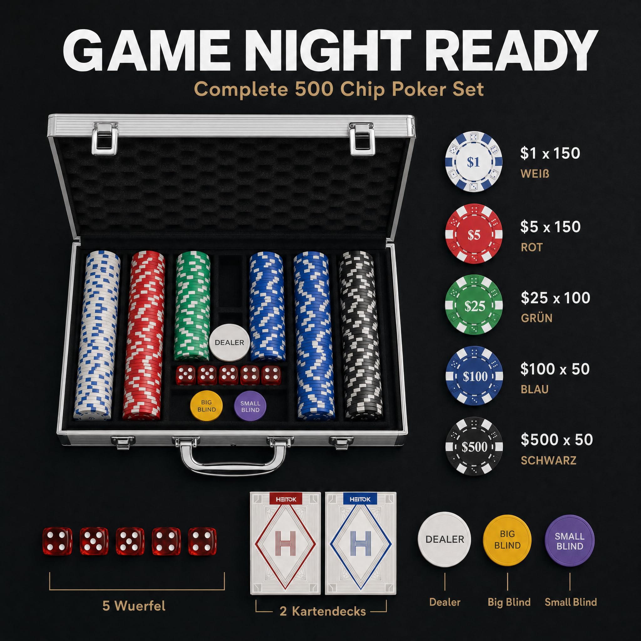 HEITOK Pokerkoffer 500 Stück – Premium Texas Holdem Set mit 11,5g Laser Chips & Alu-Koffer für 10 Spieler | Aluminiumkoffer mit Dealer und Blind Buttons, für 2-10 Spieler, Texas Holdem, organisierte Kartenrunden, zu Hause