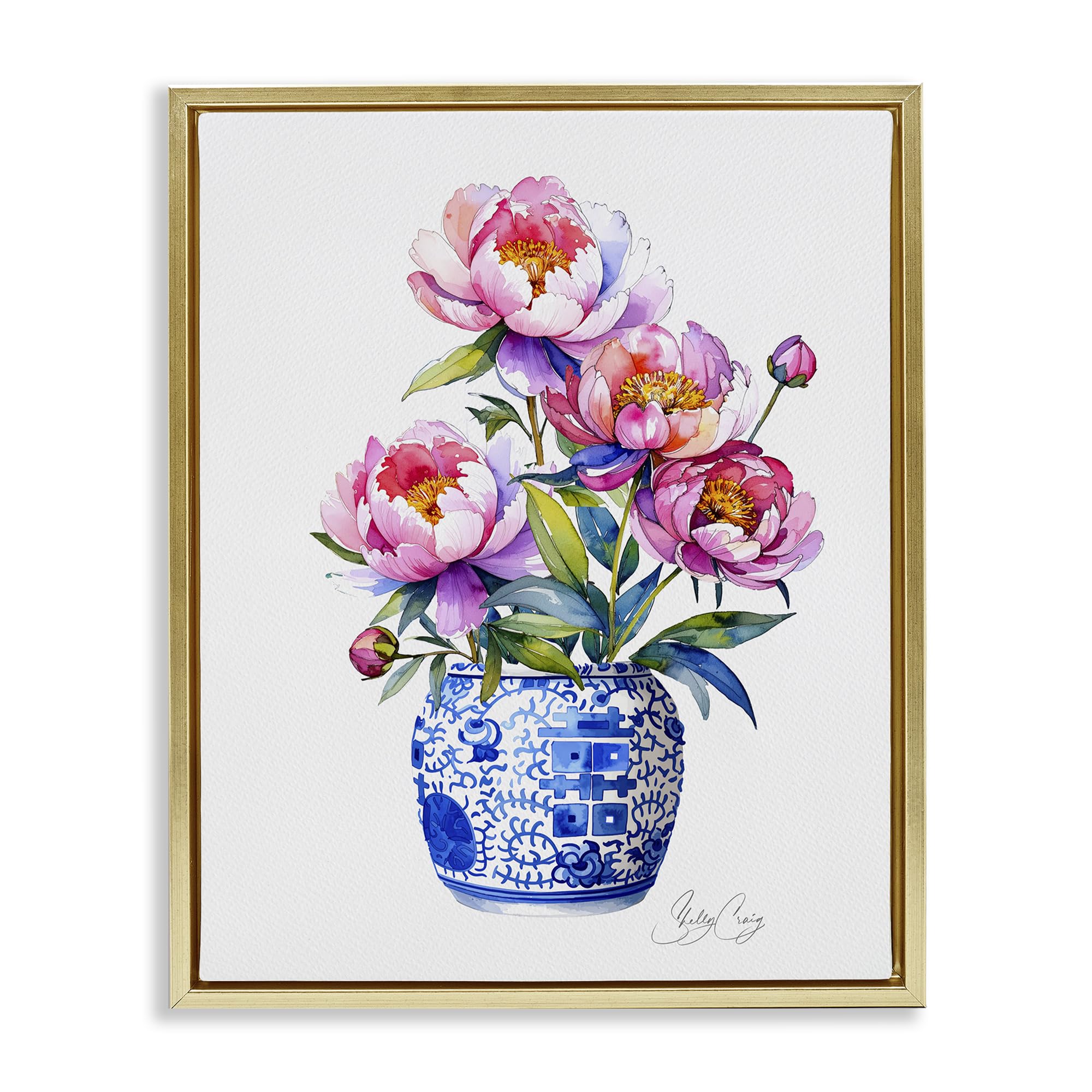 Stupell Industries Metallic Gold (Matte) 'Blue Dynasty Blooms'| Floating Frame Canvas Art