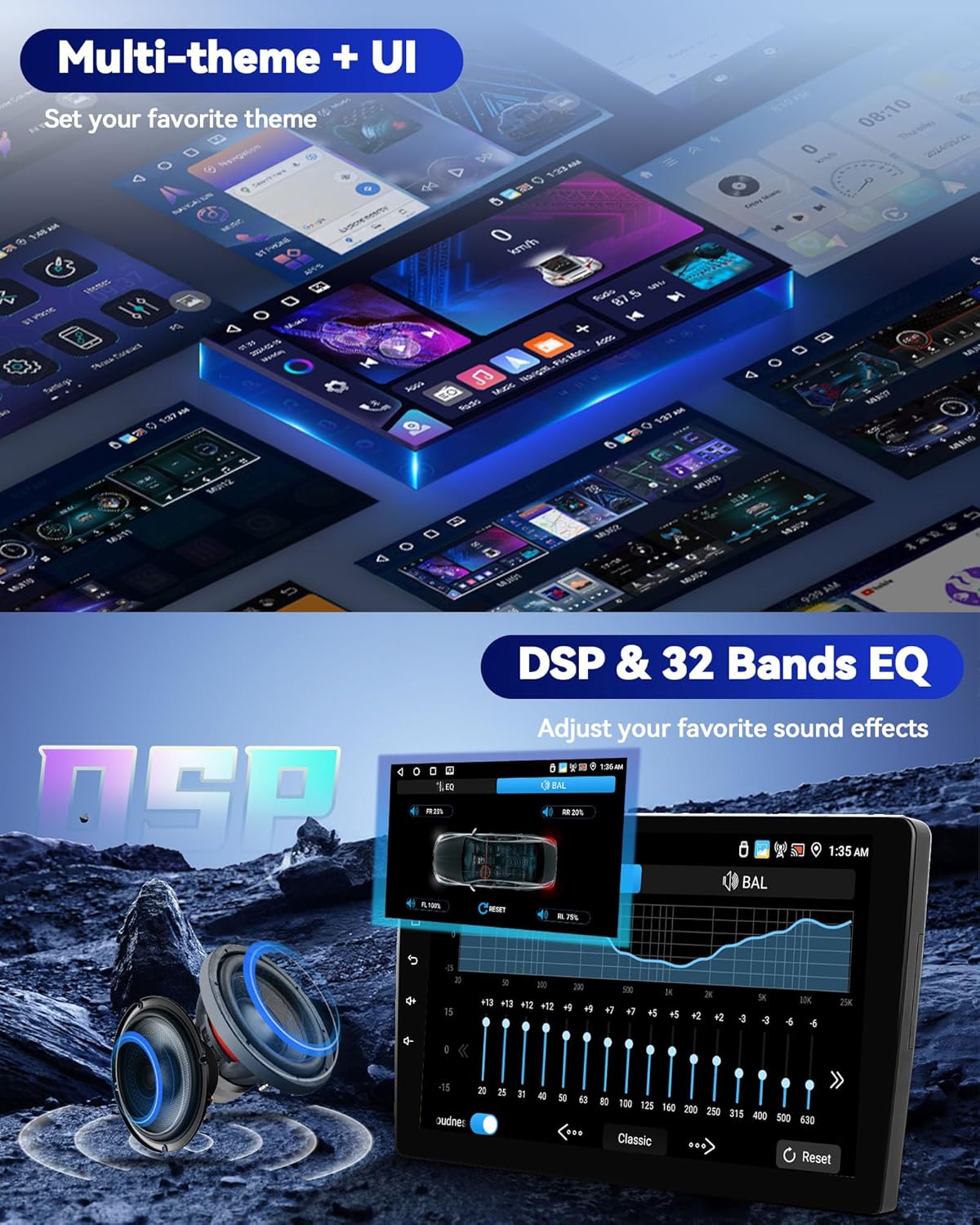 Car stereo screen showing the DSP and 32-band EQ adjustment interface with various sound effects and frequency controls. Speakers are shown in the foreground.