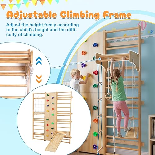Miniatura 4 de KEIKI Gimnasio de la selva interior 10 en 1, parque infantil de madera todo en uno con poste de escalada en roca, cuerda, roca, pared, red,