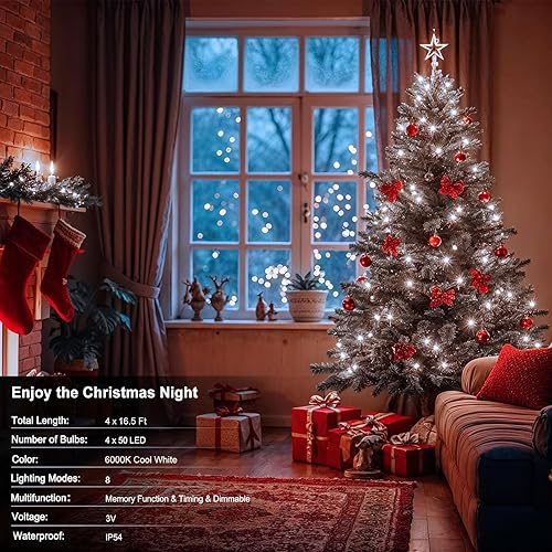 Miniatura 2 de ZAIYW Paquete de 4 tiras de luces a pilas, 16.5 pies, alambre verde oscuro, 50 luces LED con temporizador remoto, 8 modos, luces de hadas para