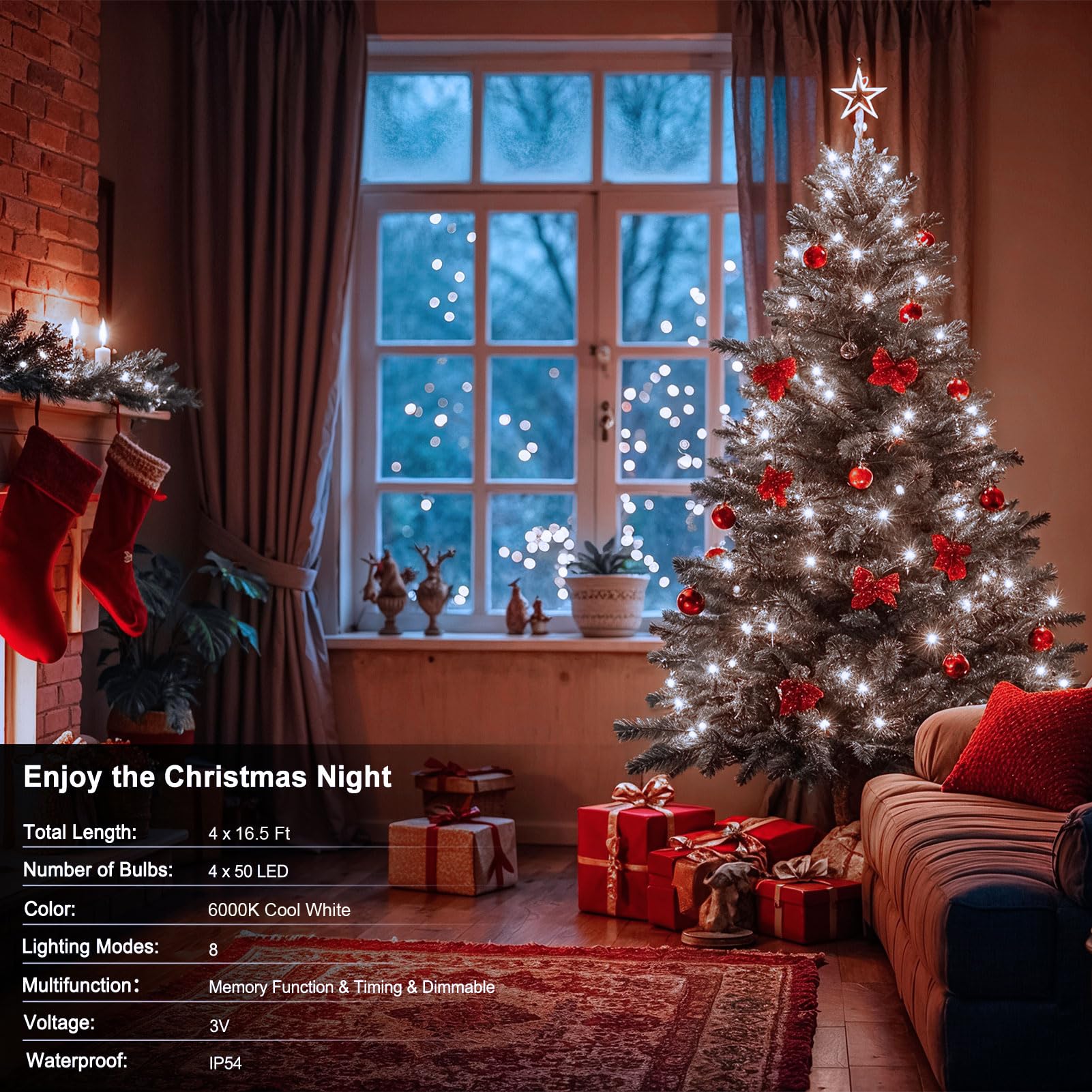 Paquete de 4 luces de cadena para exteriores que funcionan con pilas, cable verde oscuro de 5 m, 50 LED con temporizador remoto, luces centelleantes para la habitación de Navidad (blanco frío)