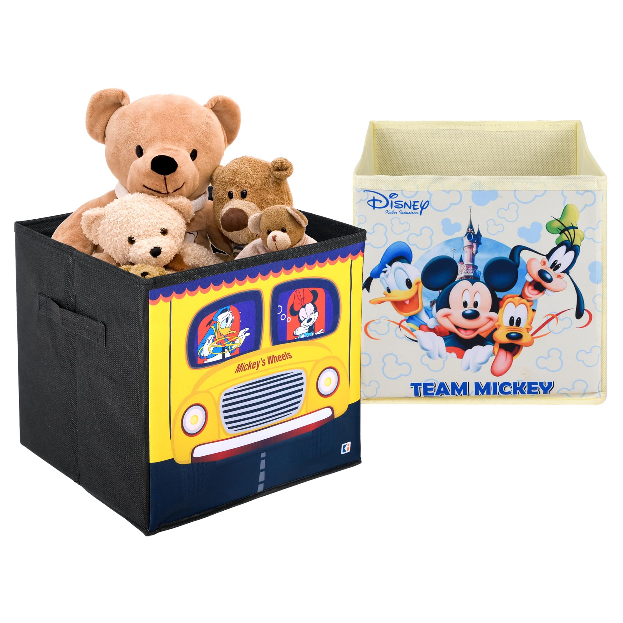 Kuber Industries Pack of 2 Storage Box | Square Toy Storage Box | Wardrobe Organizer for Clothes-Books-Toys-Stationary | Drawer Organizer Box with Handle | Disney-Print | Yellow & Cream