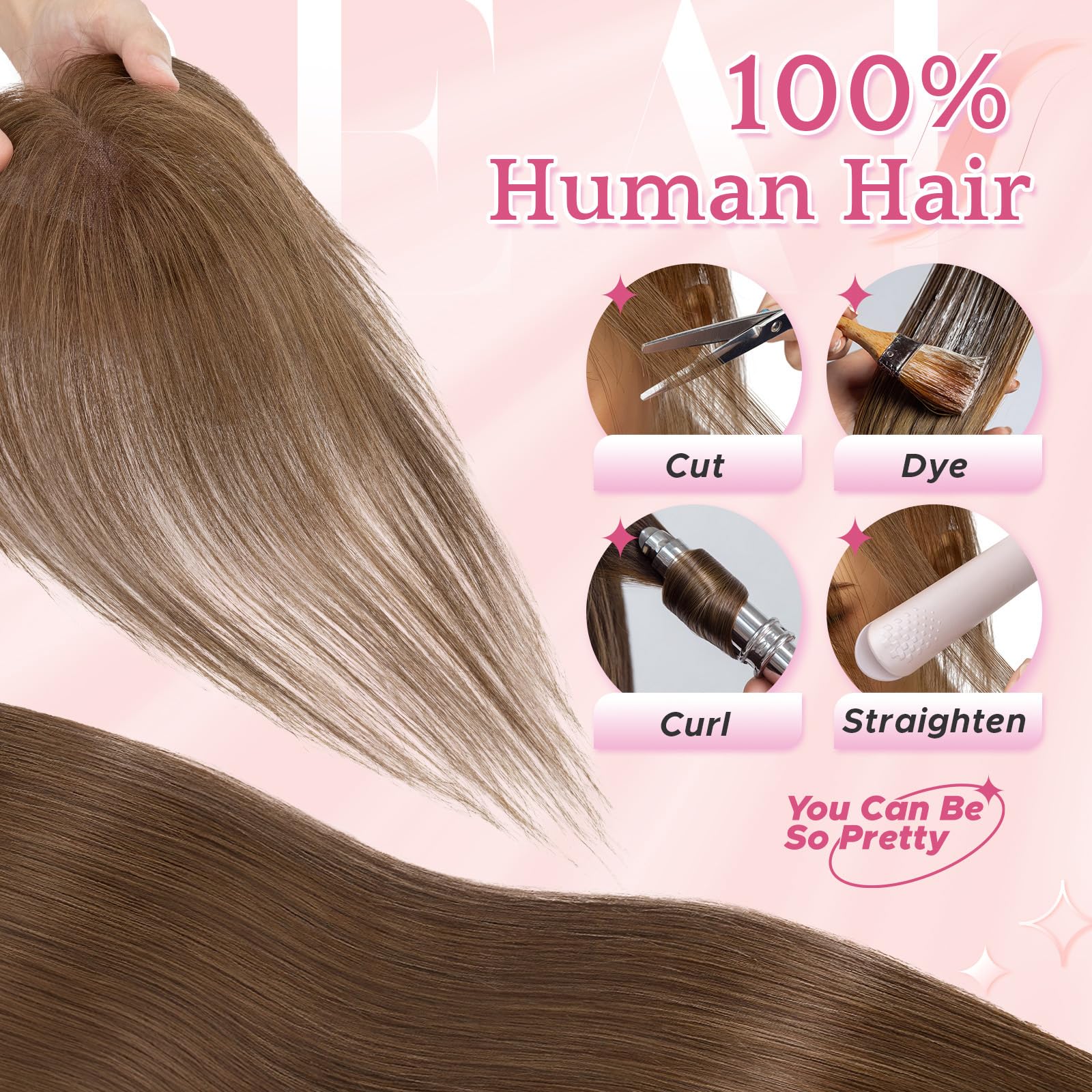 SEGO Pro Remy Human Hair Topper for Women, 711 cm Hand-Tied Clip-In Fringe Hairpiece with Temples, 11" Length, 14 g Side Fringe - Medium Brown - Image 2