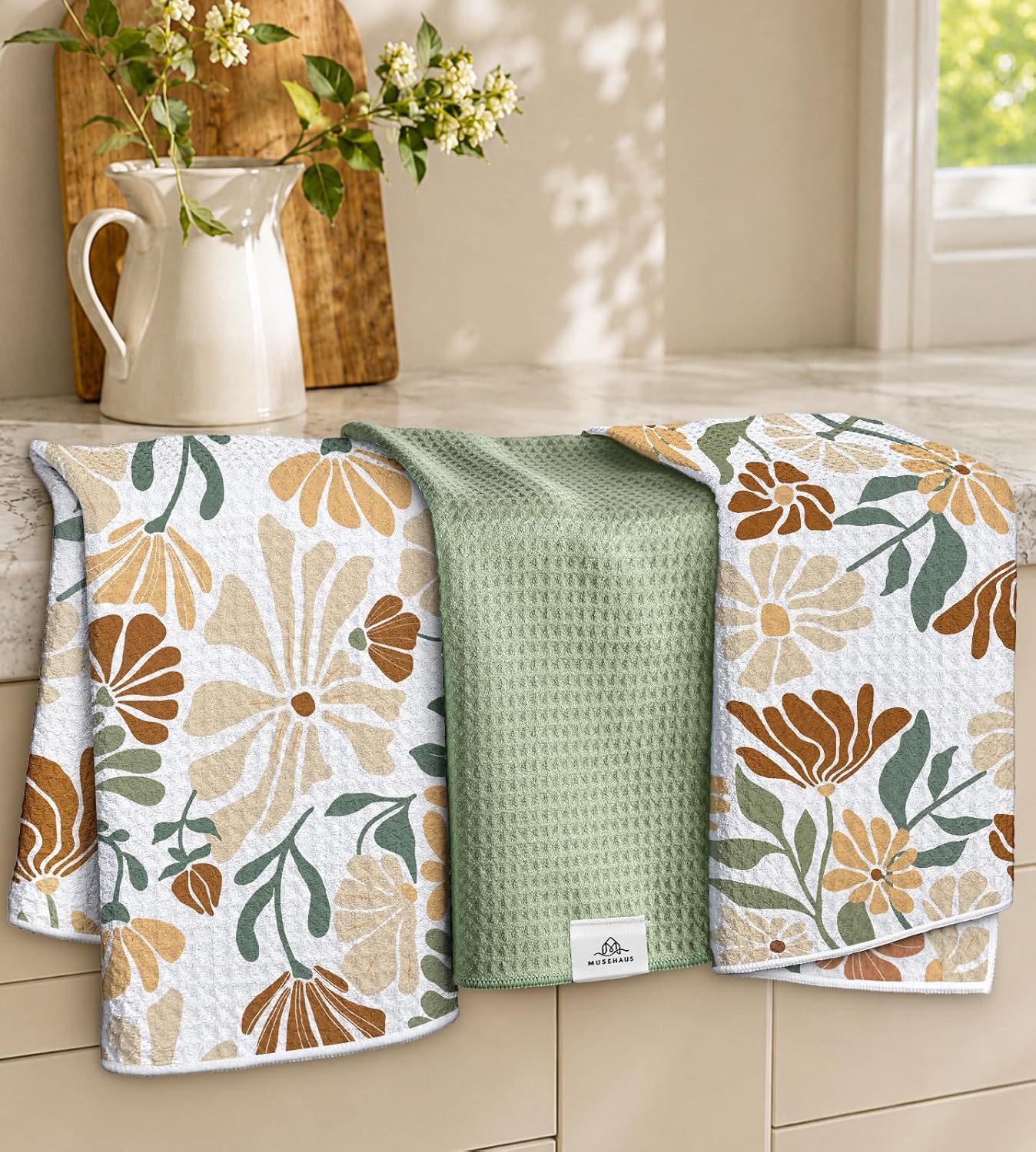 3pcs Double-Sided Waffle Kitchen Towels, Vintage Botanical