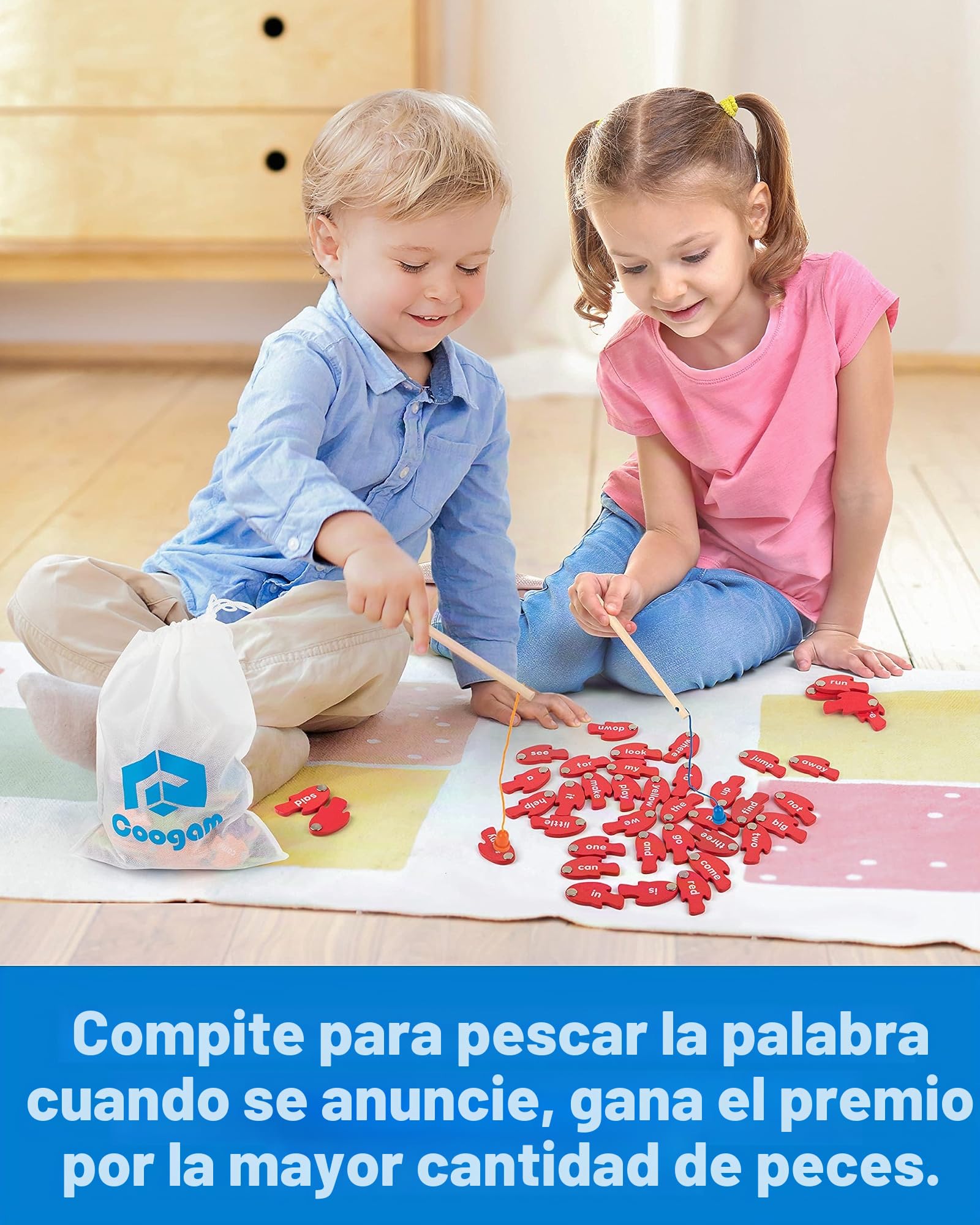 Coogam Juego magnético de madera para pesca, juego de palabras, aprendizaje de palabras, tarjetas de memoria Montessori, juguete educativo para niños de 3, 4, 5 años