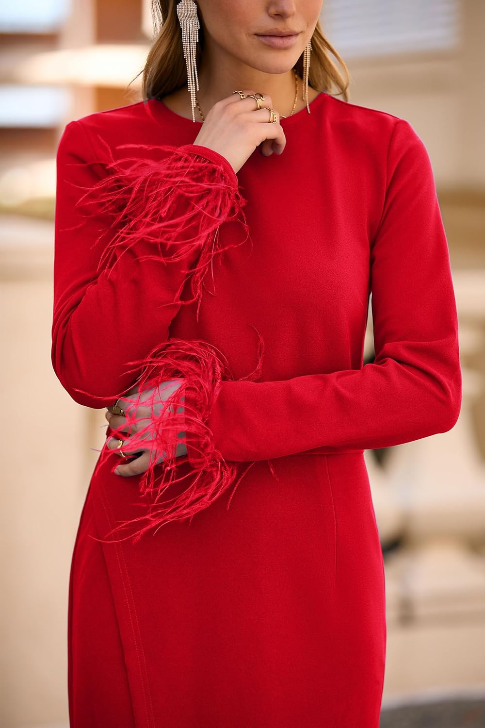 PRETTYGARDEN Women's 2025 Fall Long Sleeve Dress Formal Midi Bodycon Wrap Slit Feather Elegant Wedding Guest Cocktail Dresses - Image 6