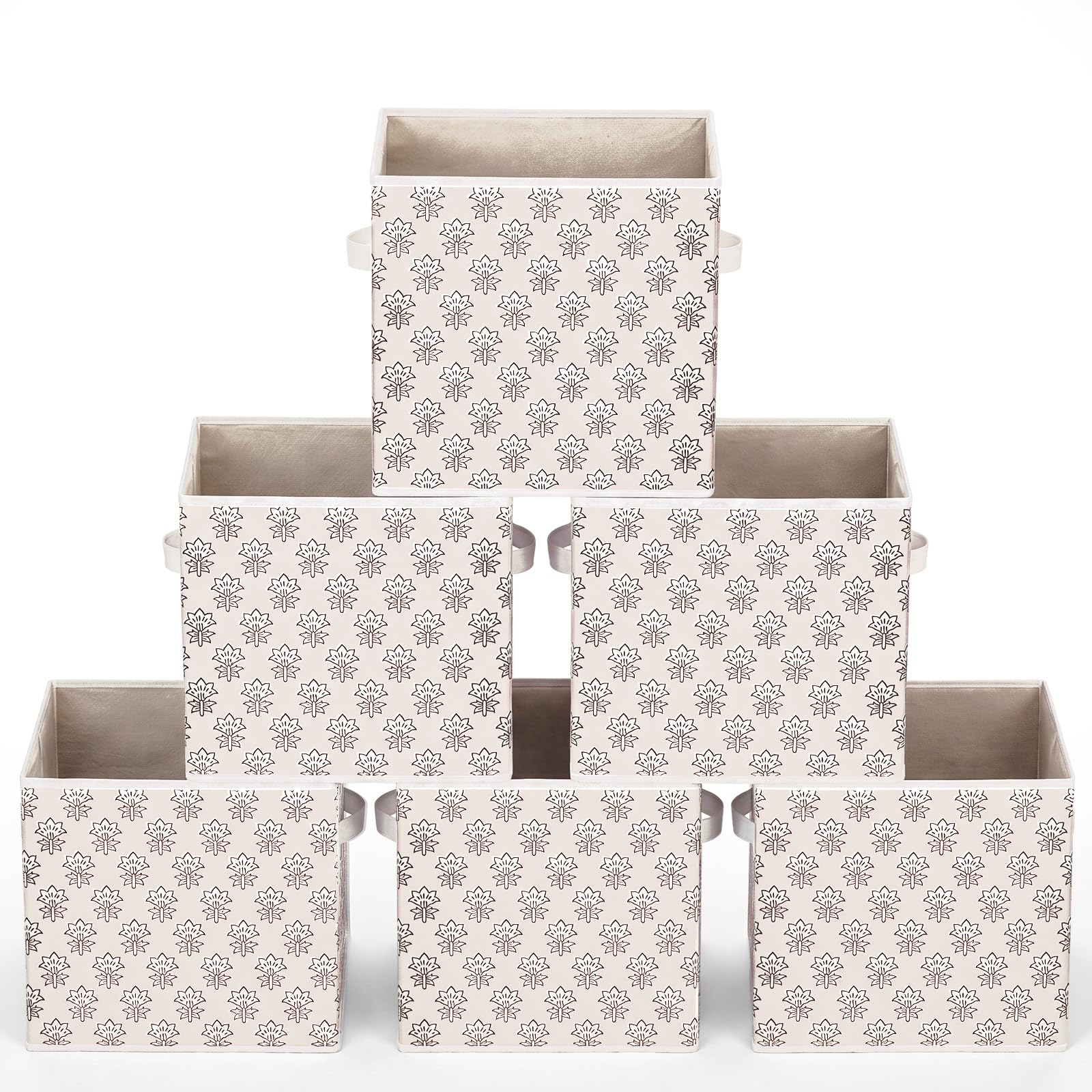 Bokon 6 Pcs 11'' Block Print Storage Bins Cube Beige Floral Storage Basket