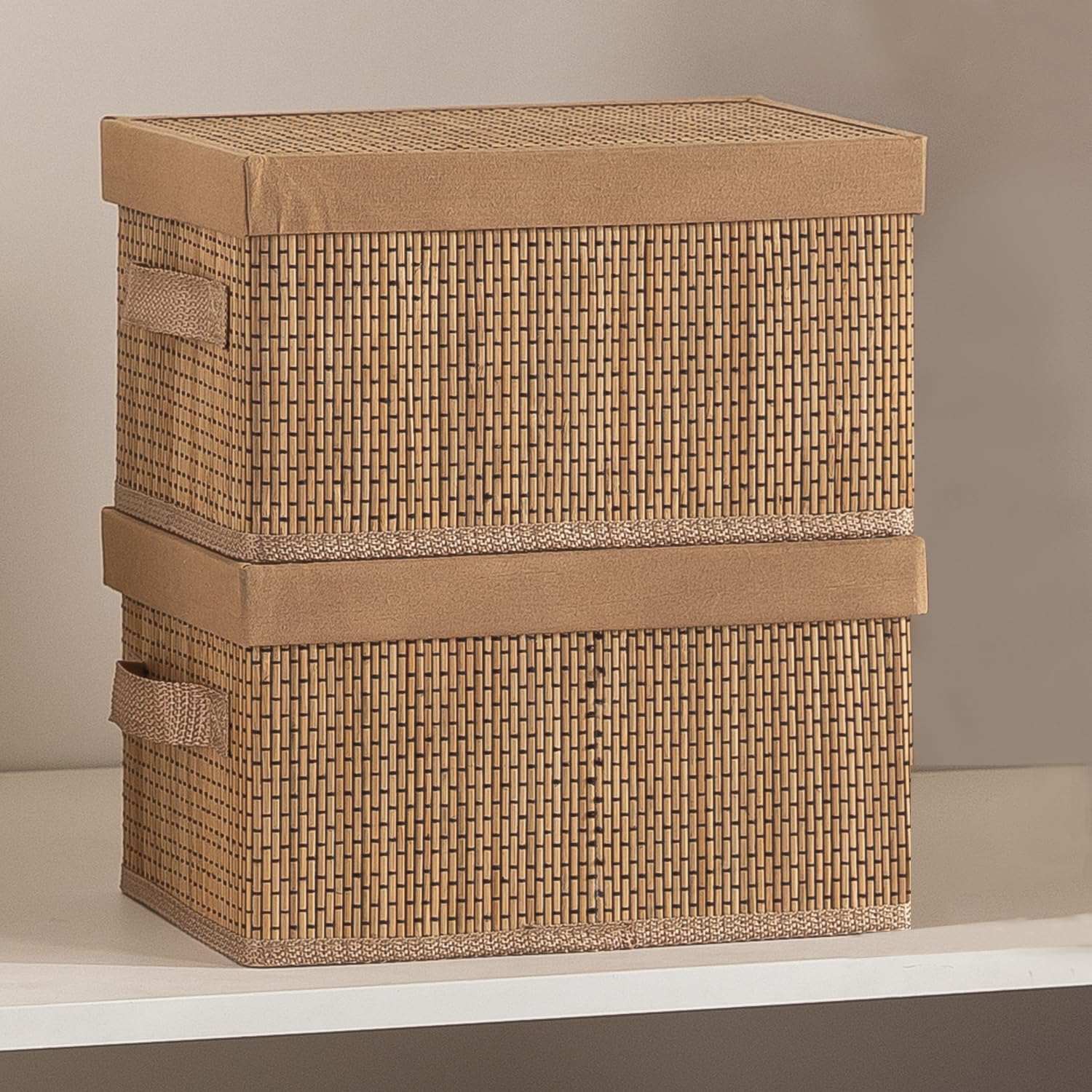 HOKIPO Set of 2 Storage Boxes with Lid & Handles – Bamboo Organizer Bins for Clothes, Toys, Closet | Foldable Storage Baskets for Home, Bedroom & Wardrobe (Small 28×18×16 cm, Beige) AR-6151 * 2-image-40