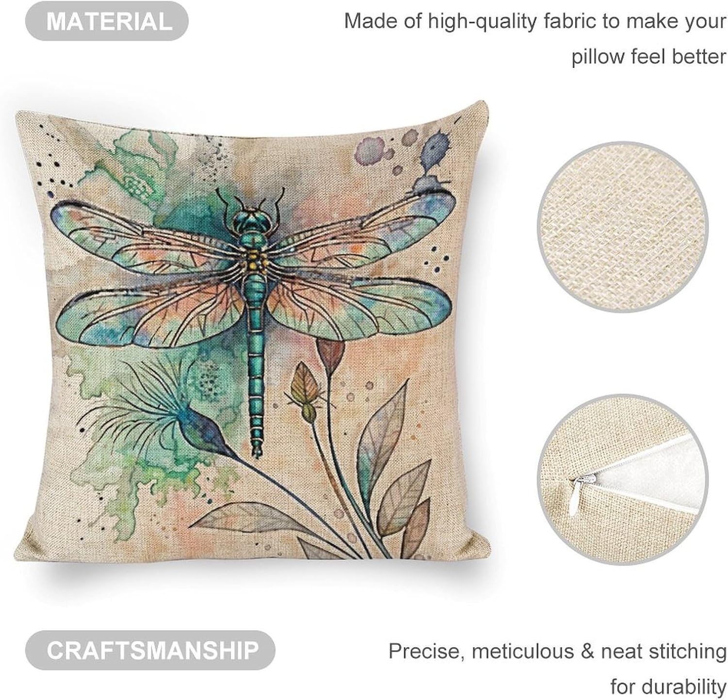 Kumikumi Dragonfly Throw Pillow Covers Linen Pillow Cases Square Cushion Case Decorative Couch Pillows Cover for Sofa Bedroom Living Room Car 18x18 inch 4Pcs - Image 2