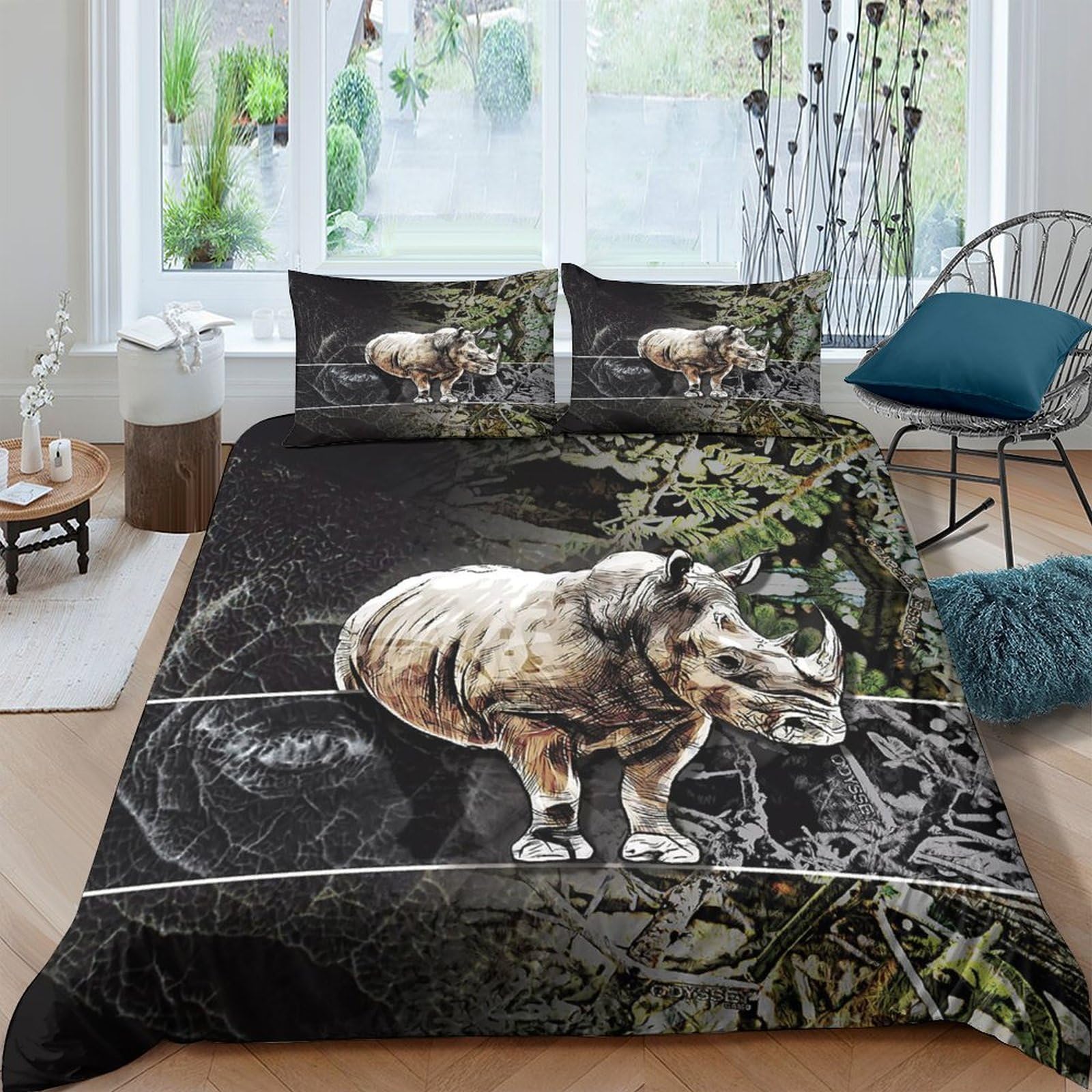 GPLZQXKJNH 3D Printed Rhino Forest Duvet Cover Microfiber Soft Breathable Wildlife Quilt Cover Set with 2 Pillowcases for Bedroom Decor Single（135x200cm）