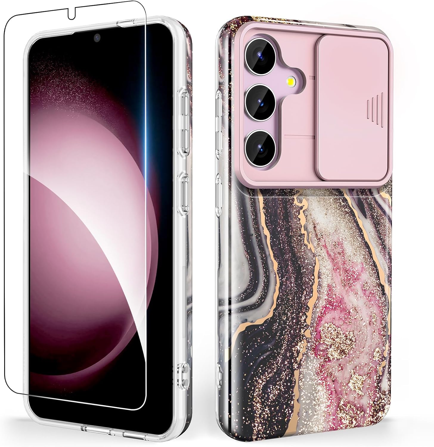 SHEDEER for Samsung Galaxy S25 Case with Slide Camera Cover + Screen Protector, Samsung S25 Case TPU Shockproof Slim Thin, Chic Glossy Fade-Resistant Pattern Phone Case Cover for Galaxy S25, Black