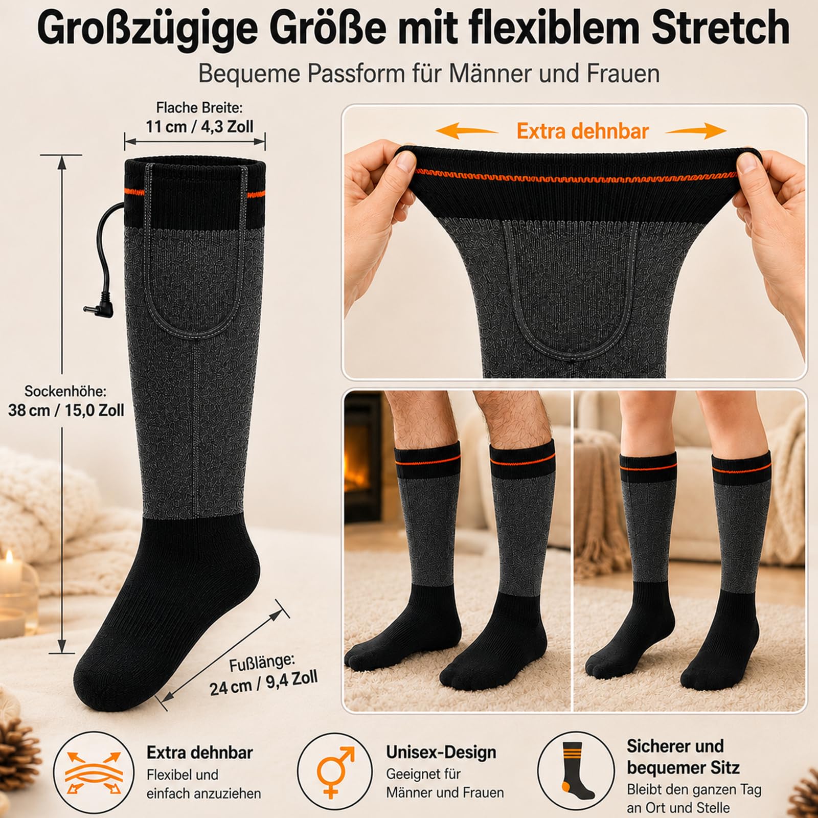 Chaussettes chauffantes rechargeables pour homme et femme - Batterie 5 V 6000 mAh - Chaussettes chauffantes électriques avec 3 niveaux de chaleur - Zone complète des pieds - Chaussettes thermiques
