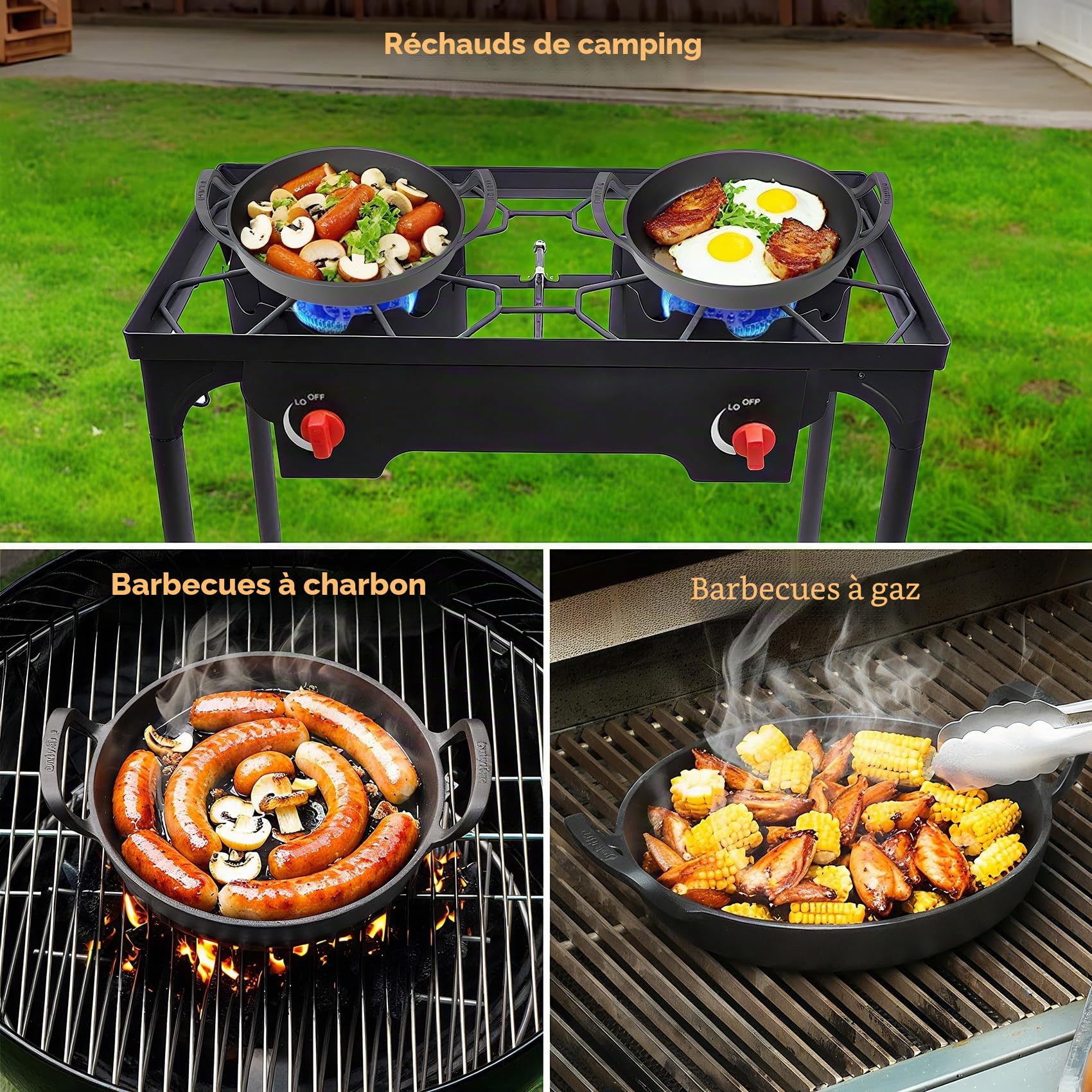 Onlyfire Poêles Gril en Fonte Ø 26.5 cm, Poêle à Griller avec Poignée, Accessoire de Barbeque pour Induction, Four, Barbecues à Gaz, Charbon et Électrique