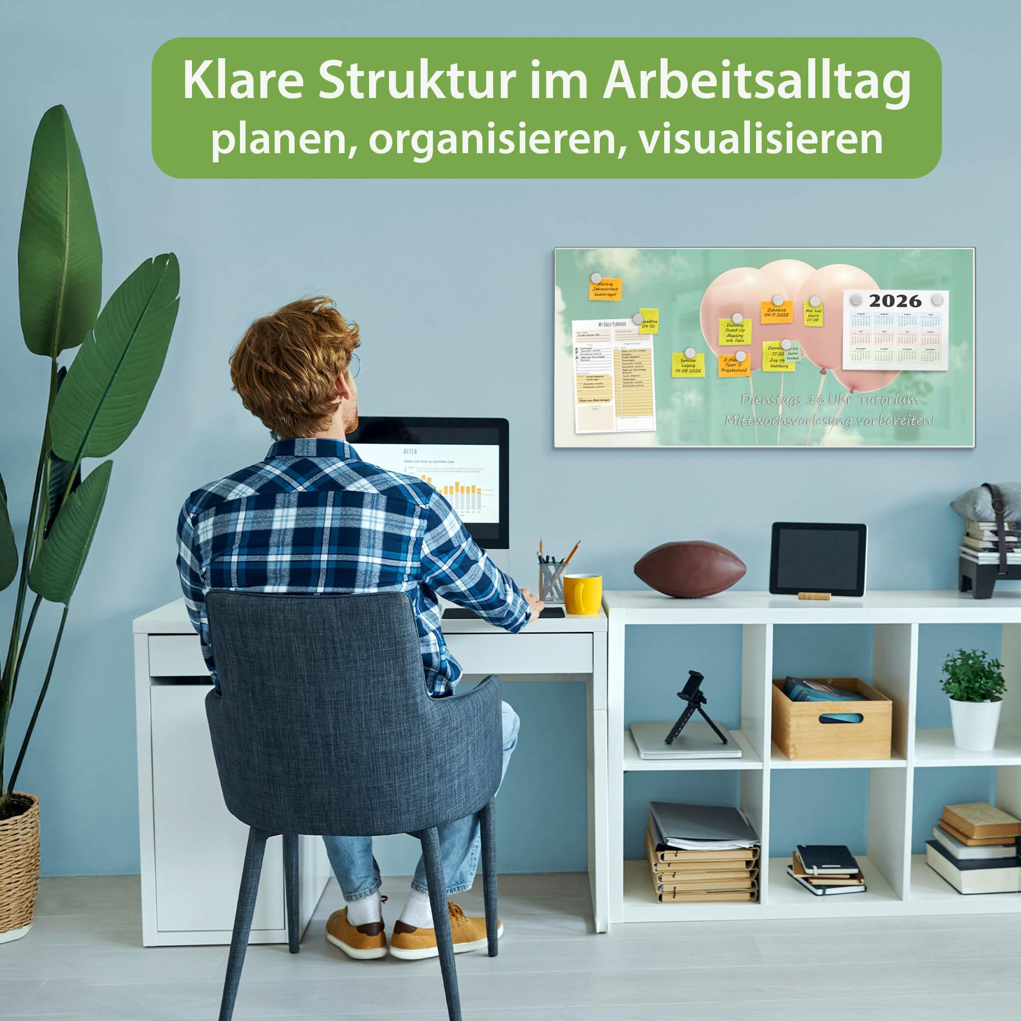 banjado Magnettafel Metall 78 x 37cm - beschreibbare Magnettafel - Metall Pinnwand als Memoboard - Magnetwand Küche, Büro, Kinderzimmer Weiß inkl. 4 Magnete & Montageset - Motiv Rosa Ballons