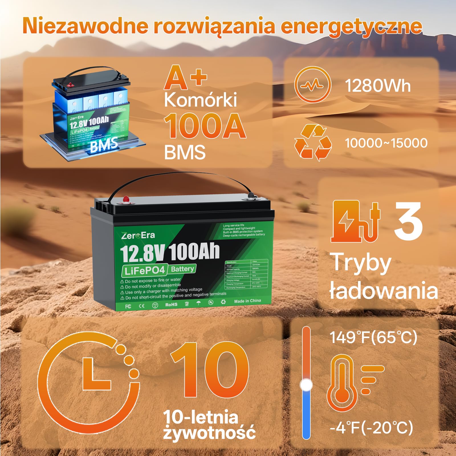 ZeroEra Bateria LiFePO4 12V 100Ah, Bateria Litowa 1280Wh Zzabezpieczeniem Przed Niską Temperaturą 100A BMS, Głęboki Cykl 10000-15000, Obsługuje Przełączanie Szeregowe/Równoległe(2*sztuk 100AH)