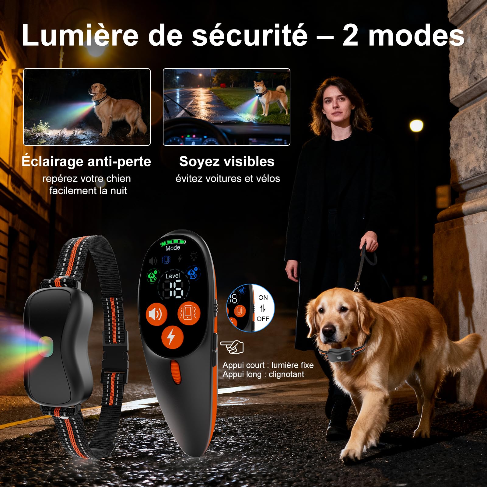 Collier Dressage 3 Modes Choc 1000m IP67 LED Rechargeable | Collier Dressage Chien Télécommande 3 modes (bip/vibration/choc), 1000m, IP67 récepteur, batterie 2h/15-60j, cou 67.5cm, LED