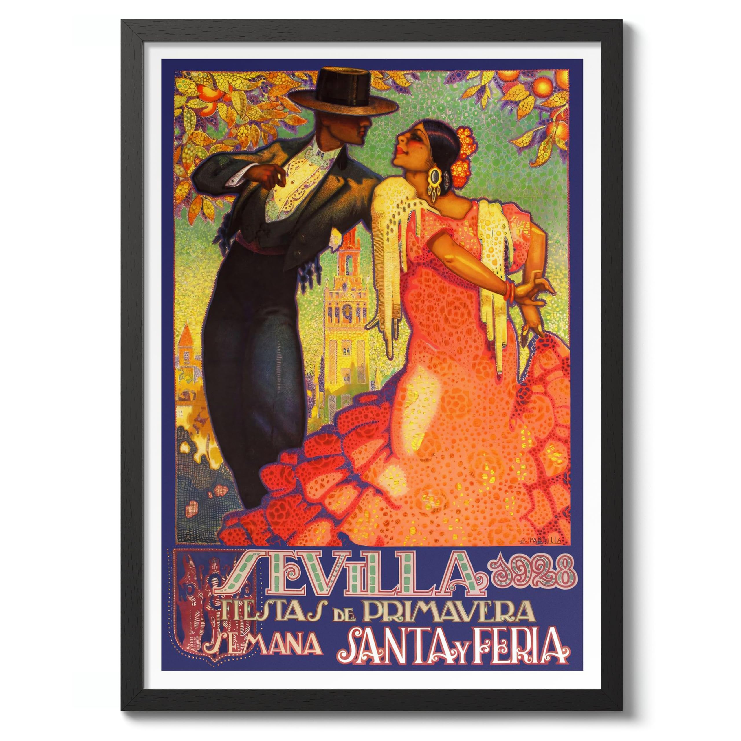 Seville, 1928 Vintage Spanish Travel Poster, Retro Spain Tourism Print, Decoration Wall Art Seville Landmark Bedroom Decor, A3 (Black Frame) - 45x32.8cm