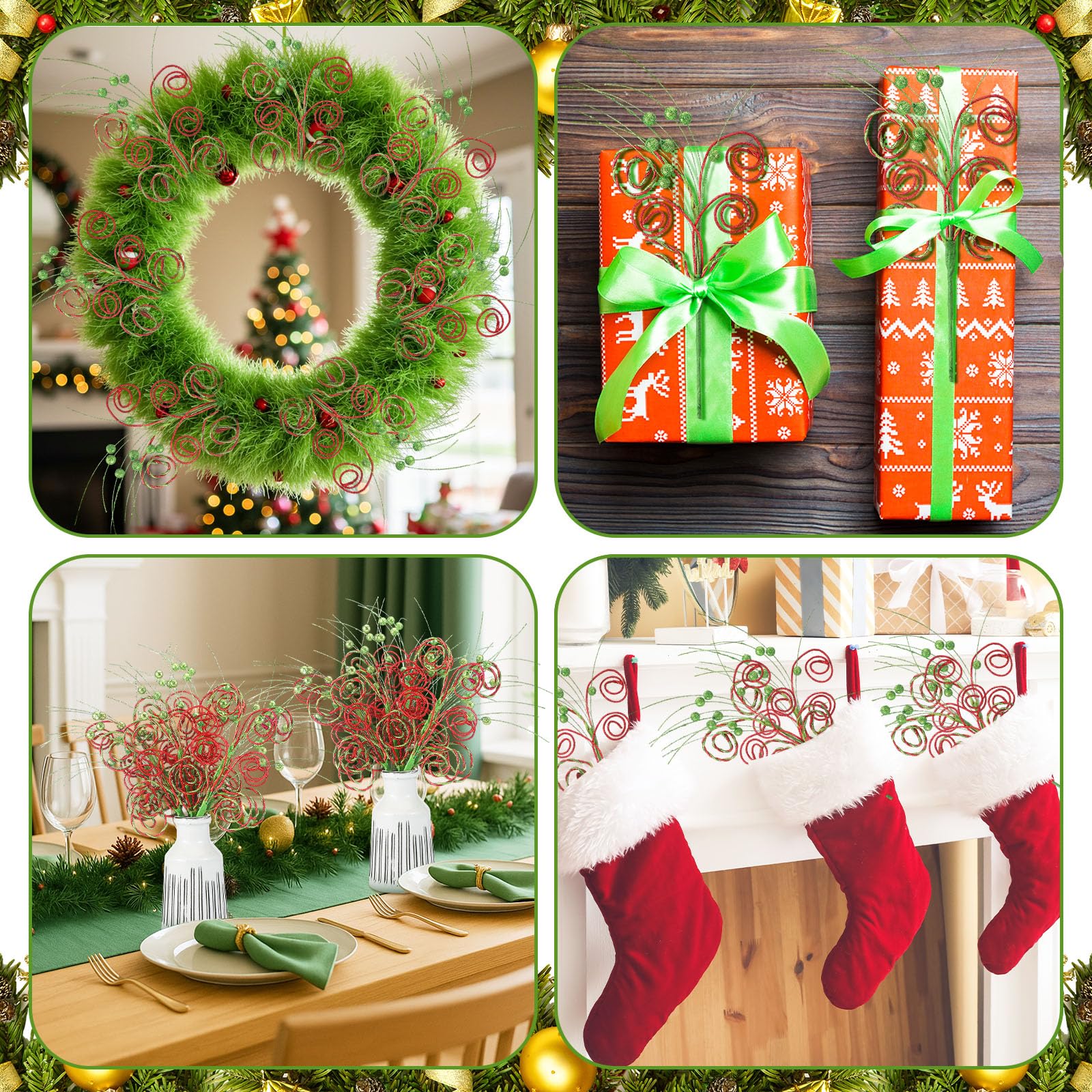 Gejoy Lot de 9 pics pour sapin de Noël - 40,6 cm - Vert citron et rouge pailleté - Décorations de bonbons artificiels pour décoration de sapin de Noël, vase, vacances (torsadé)