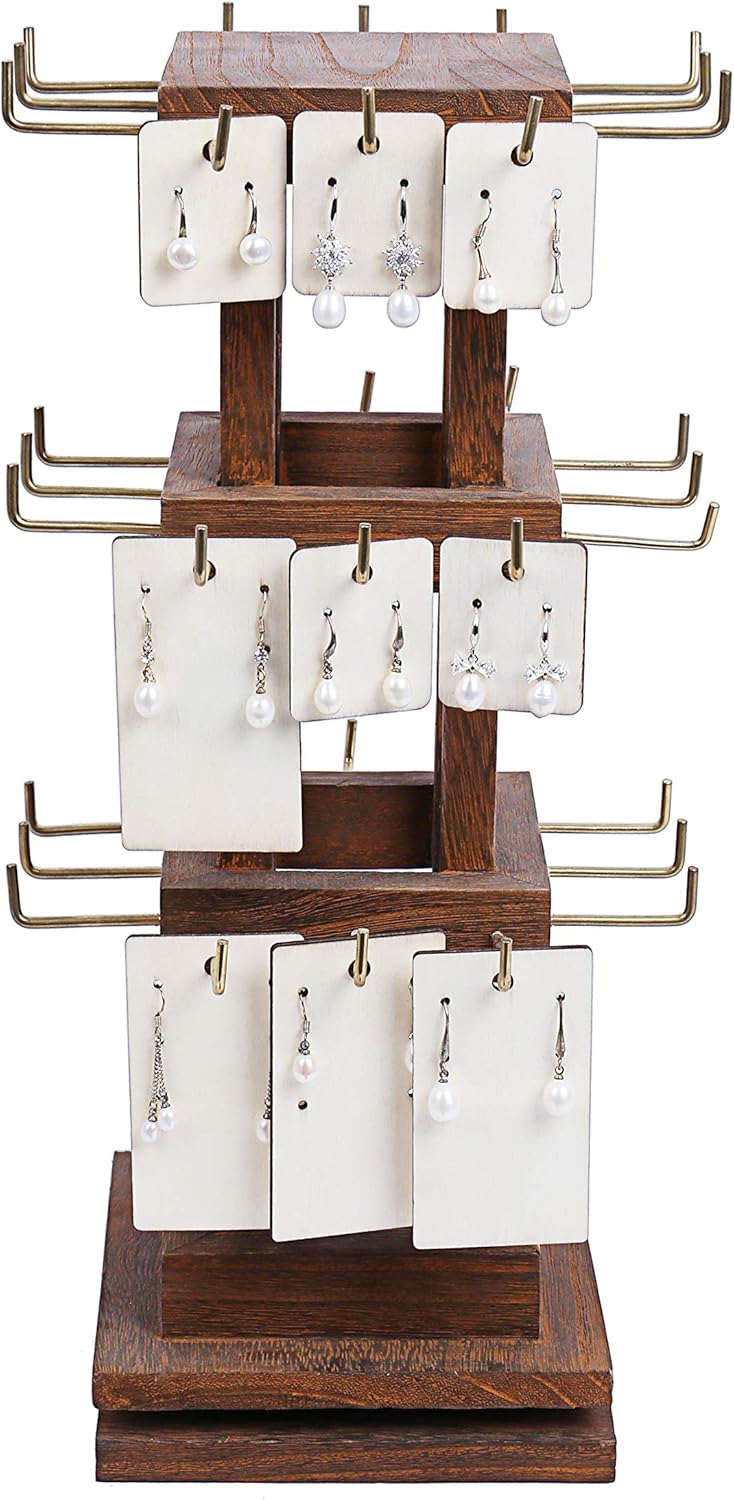 Ikee Design Natural Wood Rotating 36 Hooks Jewelry Tower, Spinning Earring Card Storage Display Holder Stand for Store, Showcase, Tradeshow and Home, 5.88"W X 5.88"D X 15.88"H : Clothing, Shoes & Jewelry