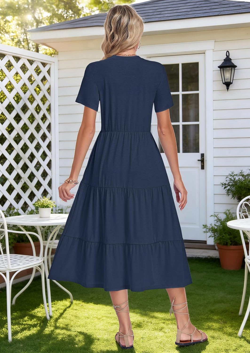MOLERANI Womens Summer Dresses 2026 Casual Midi Short Sleeve Sundress V Neck Beach Vacation Button Tiered Dress with Pockets - Image 4