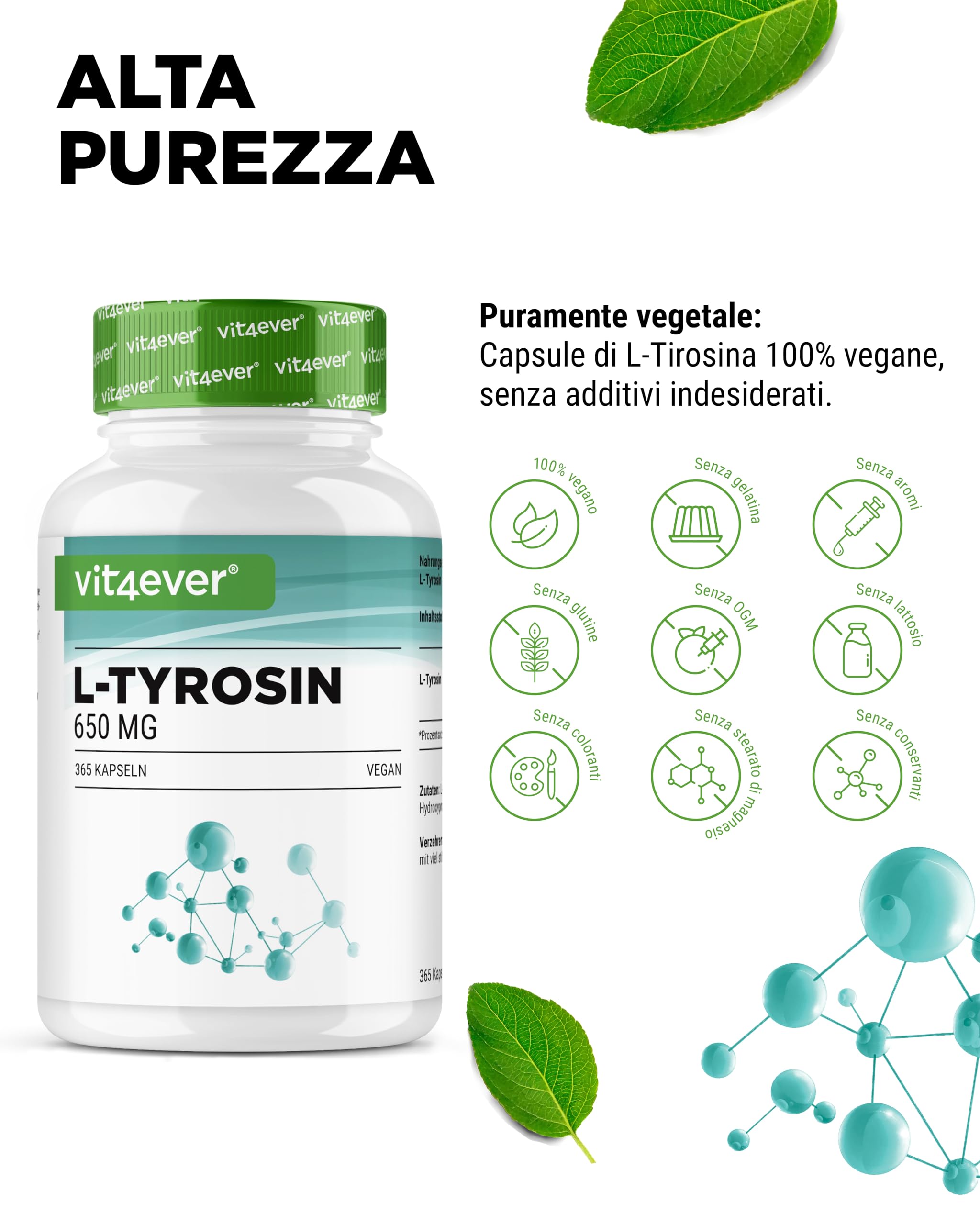 L-Tirosina - 365 capsule vegane - Dose extra-elevata con 1300 mg per dose giornaliera - Amminoacido puro da fermentazione vegetale - Vegano - Altamente dosato