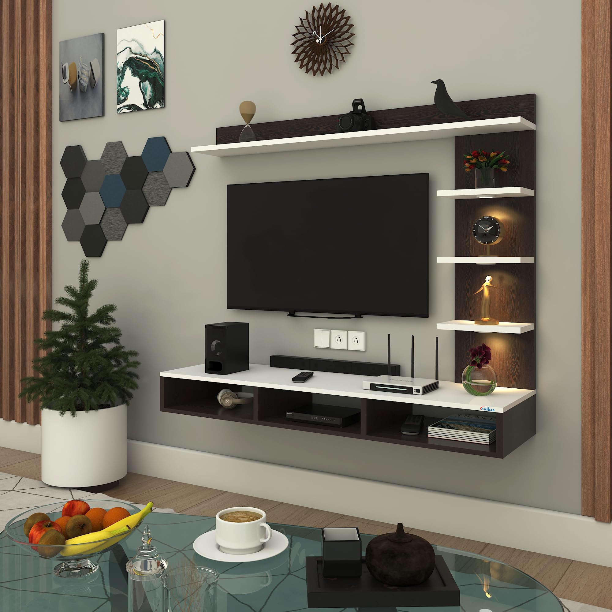 Anikaa Tyron Engineered Wood Wall Mount TV Unit/TV Stand/Wall Set Top Box Stand/TV Cabinet/TV Entertainment Unit with LED Light (Wenge/White)(Ideal for Upto 42")(D.I.Y)