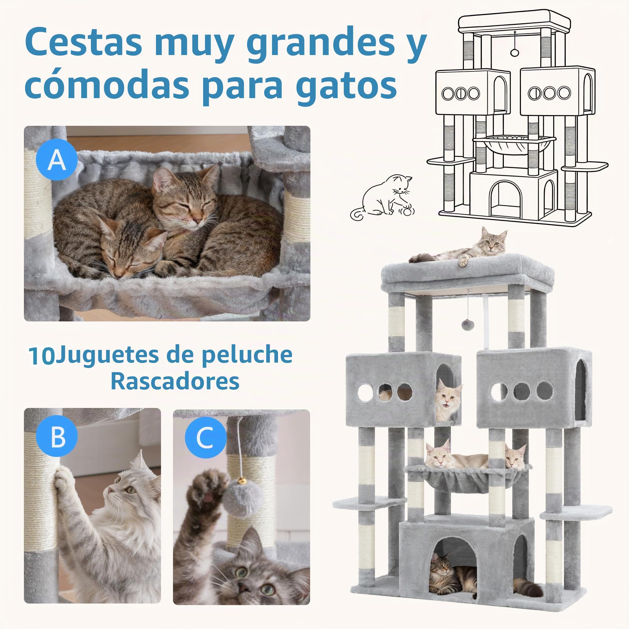 Hey‑brother Rascador para Gatos,con 3 Cuevas Grandes, Hamaca, MPJ083W | 144cm Árbol para Gatos con Plataformas Amplias, Pelota de peluche, para Gatos Grandes de Interior, Gris Claro