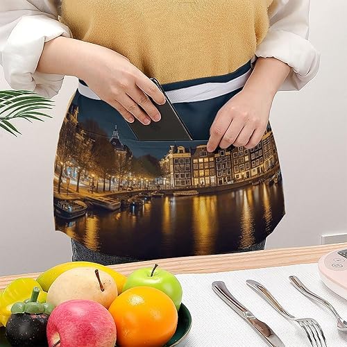 Miniatura 3 de Amsterdam Night View Print Server Aprons with 3 Pockets, Cute Waist Apron, Waterproof Half Apron for Cooking, Painting, Kitchen Baking, Service