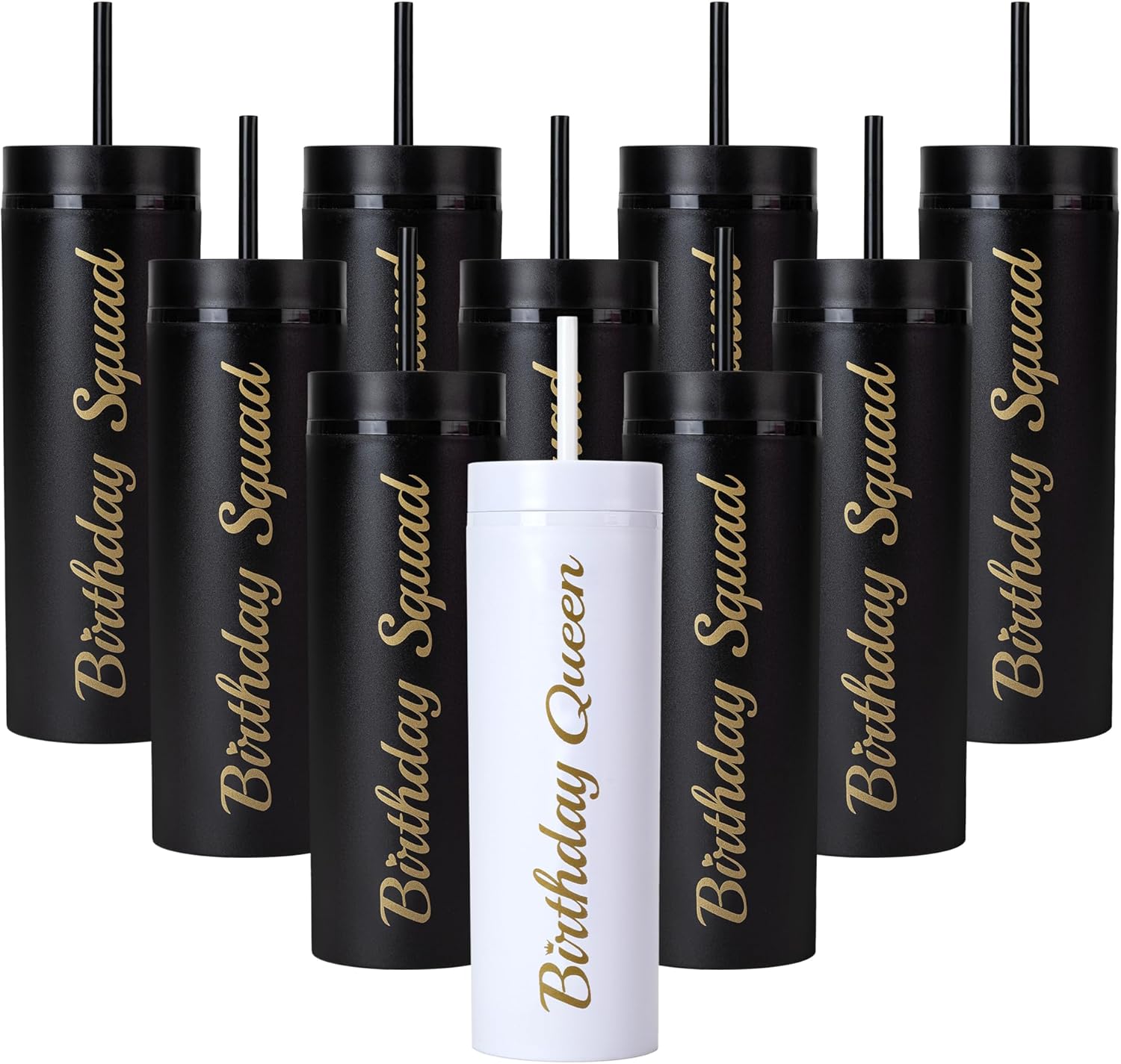 10 Pack Birthday Party Cups 16 oz Double Wall Birthday Squad Tumblers Birthday Queen Plastic Tumbler with Lid and Straws Birthday Cup Women Trip Cups for Women Trip Weekend Birthday Gifts(Black)