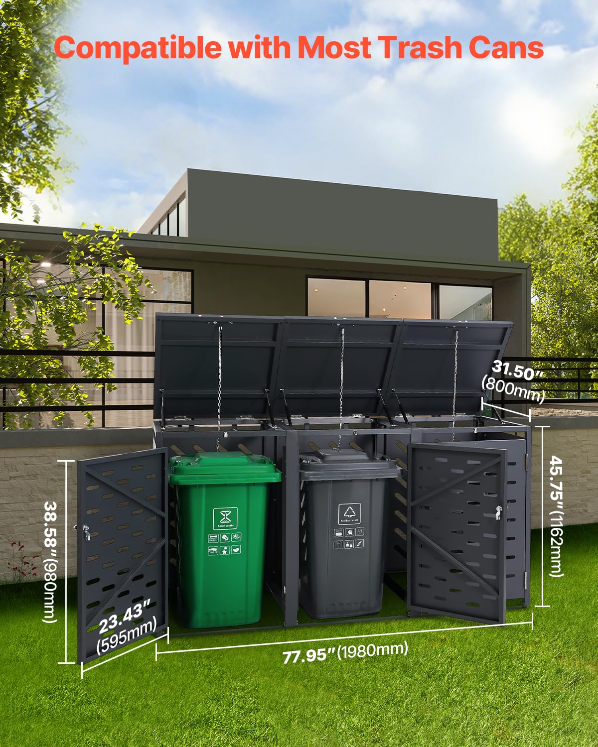 VEVOR Mülltonnenbox, 3 x 240L Mülltonnenhaus, Mülltonnenverkleidung, Mülltonnenverkleidung, abschließbarer Mülltonnen-Aufbewahrungsschuppen, für Mülltonne, Garten, Hinterhof und Terrasse