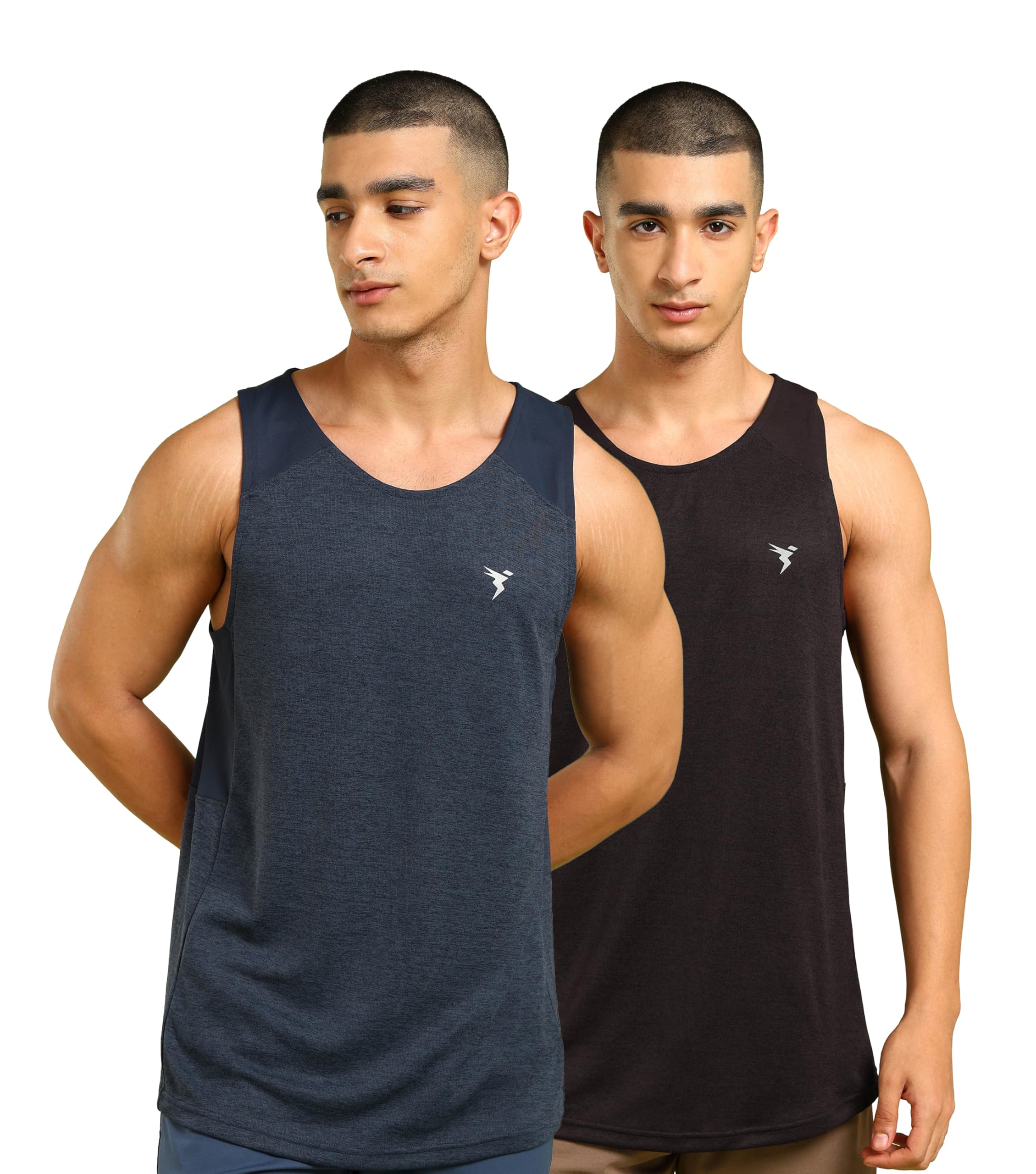 TECHNOSPORT Men's Slim Fit Self-Design Scoop Neck Vest, Antimicrobial, Doublecool for Workout, Sports & Gym - Pack of 2