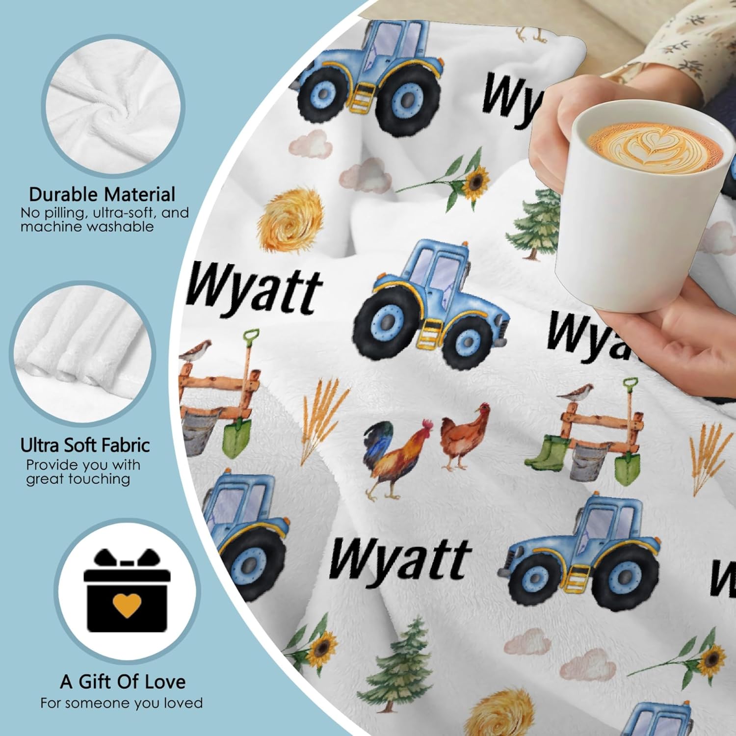 Custom Farm Tractor Personalized Baby Blanket, Soft Cozy Name Blanket for Kids Infant Toddler, Baby Gift for Birthday, 40"x50" Throw Size