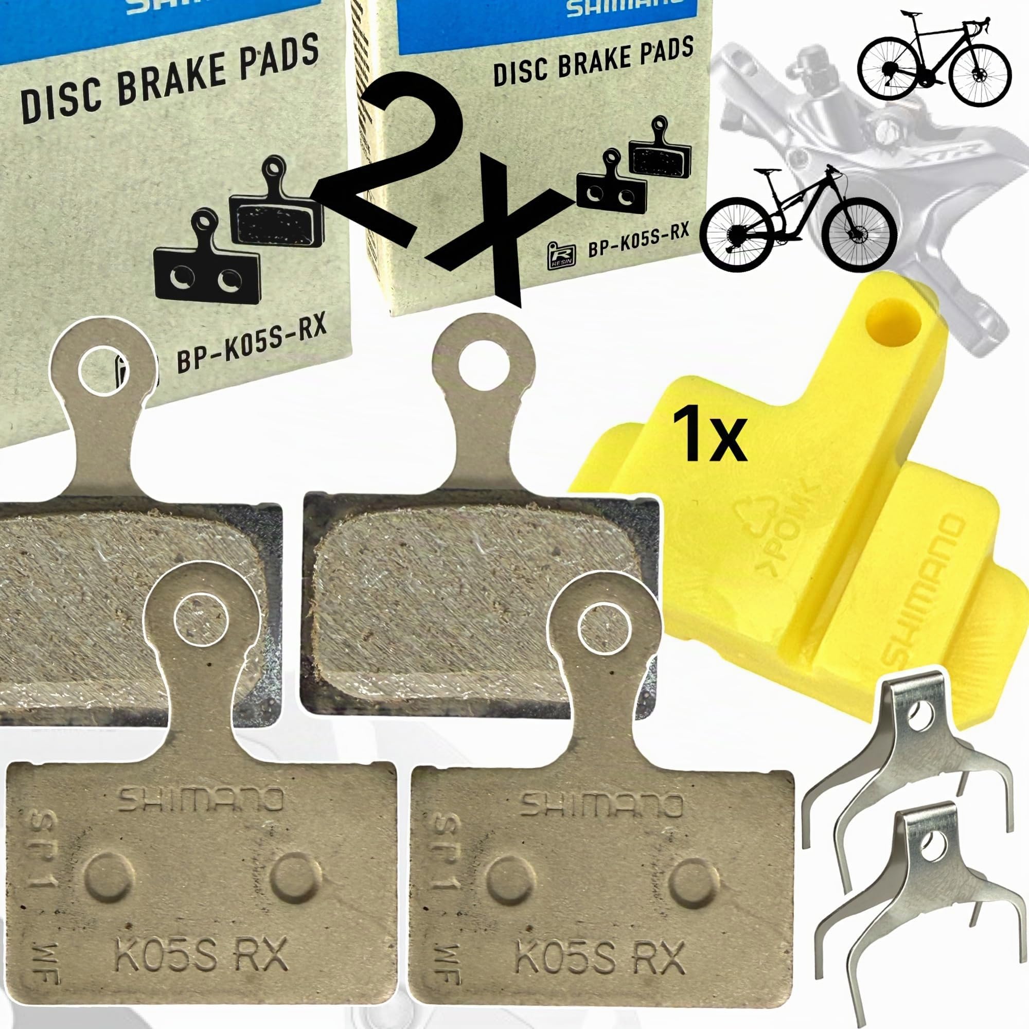 F26 Original BP-K05S-RX Resin Compatibile con Freni a Disco Shimano (K03S) Pastiglie Freno Bici MTB Ebike XT SLX XTR Strada Gravel 105 Ultegra Dura Ace GRX Pastiglie Freno a Disco 2 Paia +Bleedblock