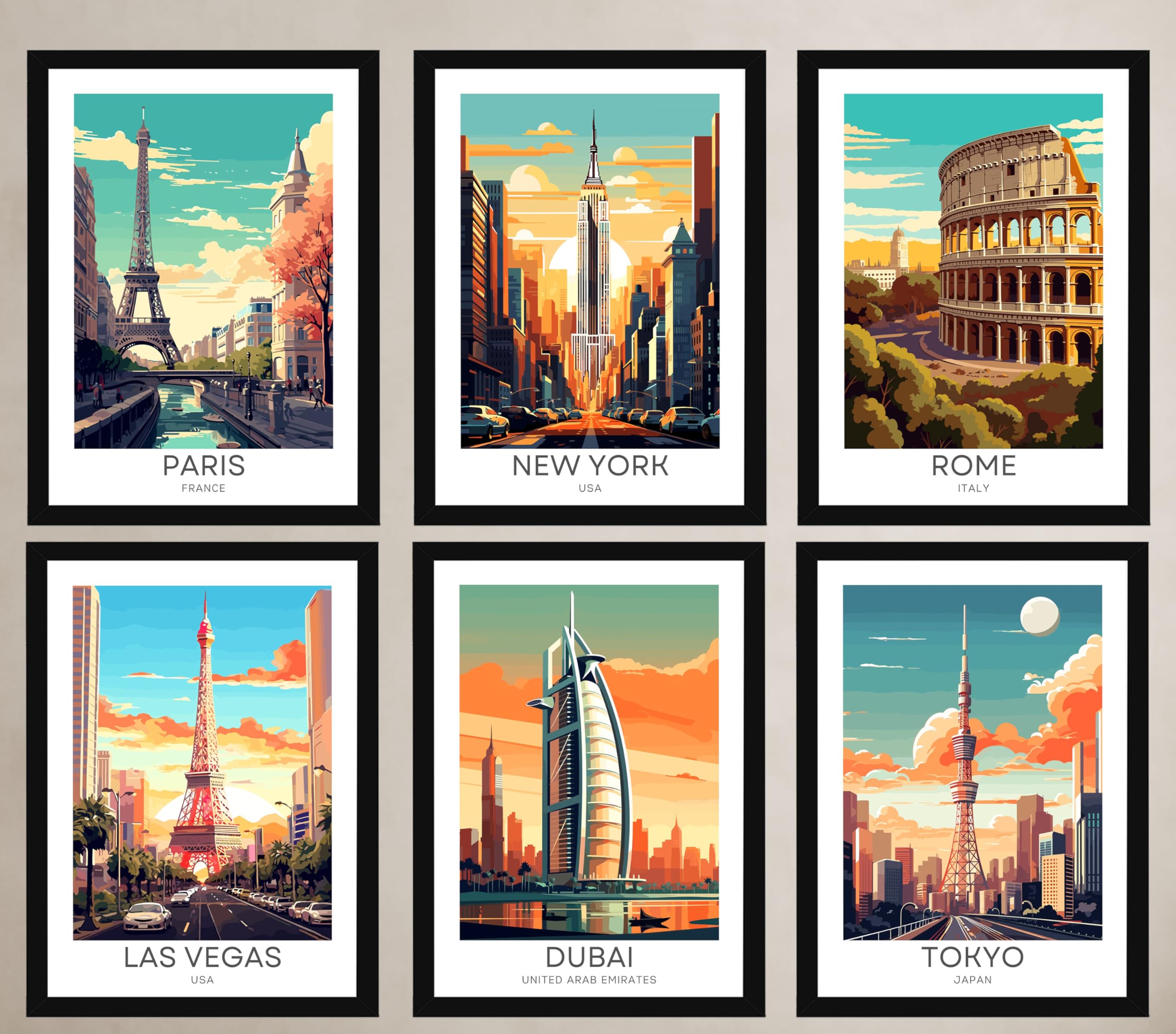PICK YOUR OWN Iconic Cities Unframed A4 A3 Retro Travel Poster Prints, Vintage Travel Wall Art, Popular City Destinations, Home Décor, Paris New York Dubai Tokyo Rome Barcelona etc (PICK 3 – A3)