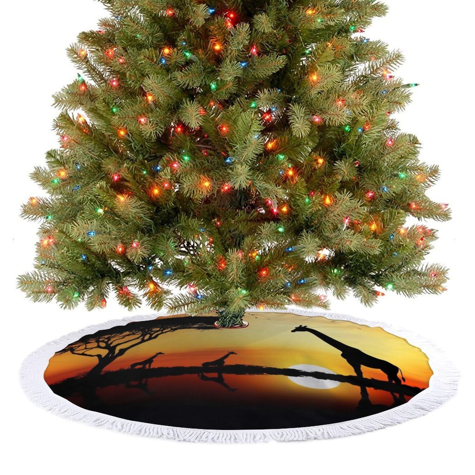 Giraffe Sunset Christmas Tree Skirt 30"x30" Rustic Xmas Tree Mat with Tassel Ornament Christmas Trees Cover Skirt Mat for Evergreen Trees Ornament Winter Holiday Mats Decorations