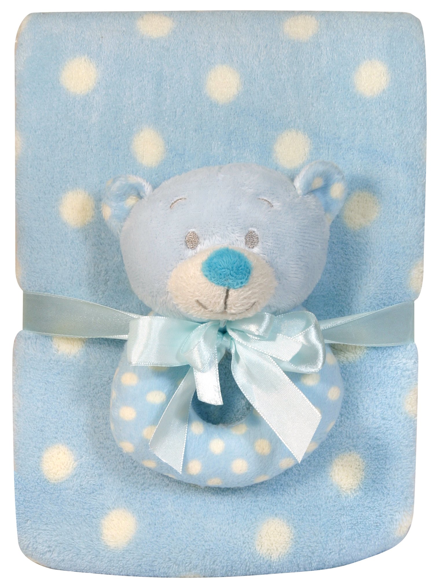 Stephan Baby Super Soft Coral Fleece Polka Dot Crib Blanket and Plush Ring Rattle Gift Set, Blue Bear