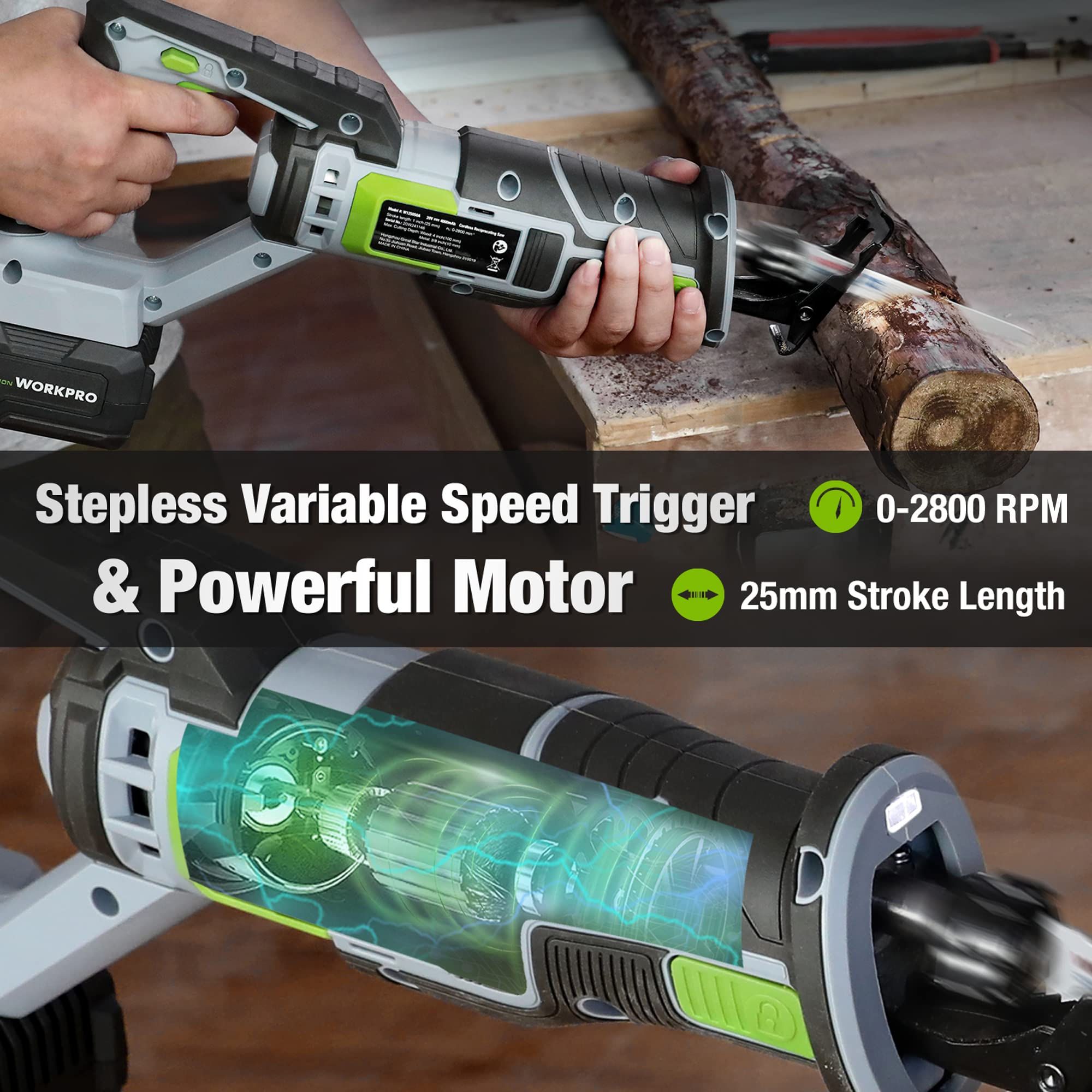 WORKPRO Scie Sabre sans Fil 20V, Scie Sabre à Batterie 4,0Ah, Scie Alternative sans Fil avec 4 Lames de Scie, Idéal pour Couper Bois, Métal et PVC, Batterie et Chargeur Inclus