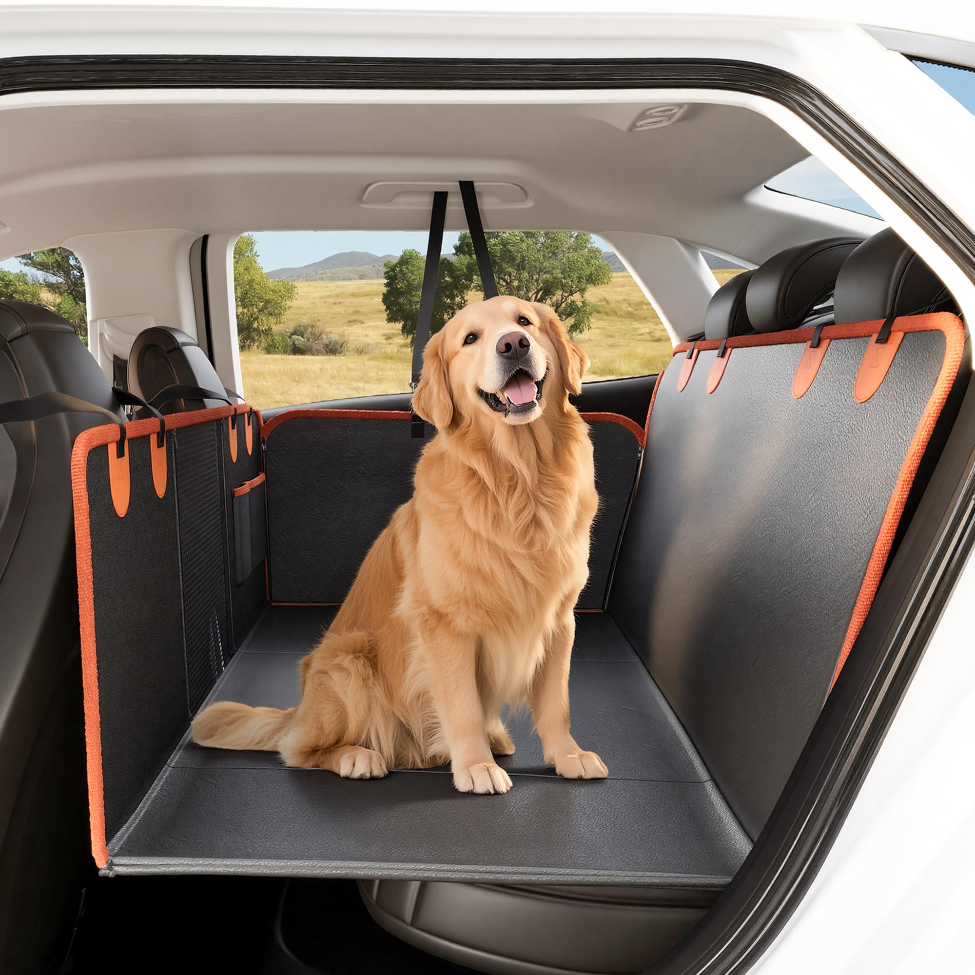 The Fellie Dog Car Seat Cover, Waterproof PU Leather Back Seat Extender with Mesh Window, Anti-Scratch Back Seat Cover with 400lbs Load Hard Bottom, Non-slip Dog Hammock for Cars, Trucks, SUV