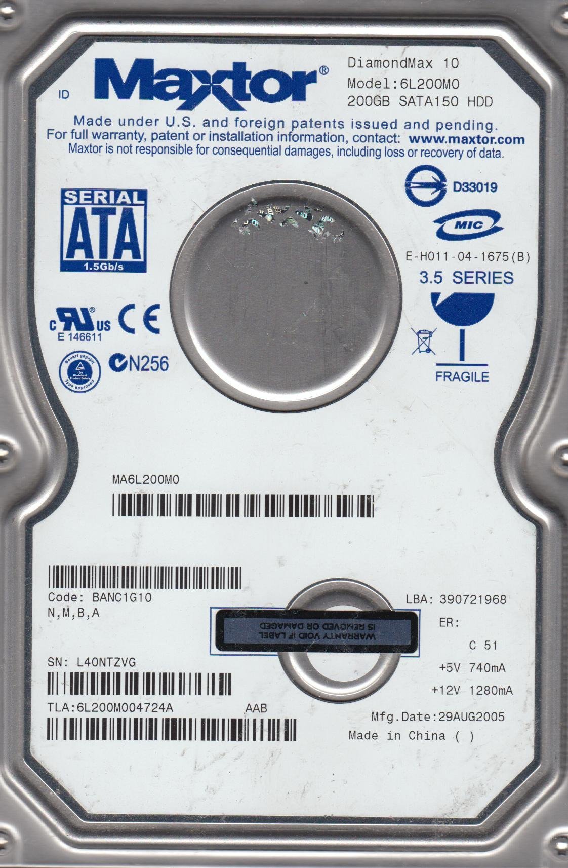 Disque dur SATA Maxtor DiamondMax 10 6V200E0 7200 tr/min 8 Mo 3.5 200 Go