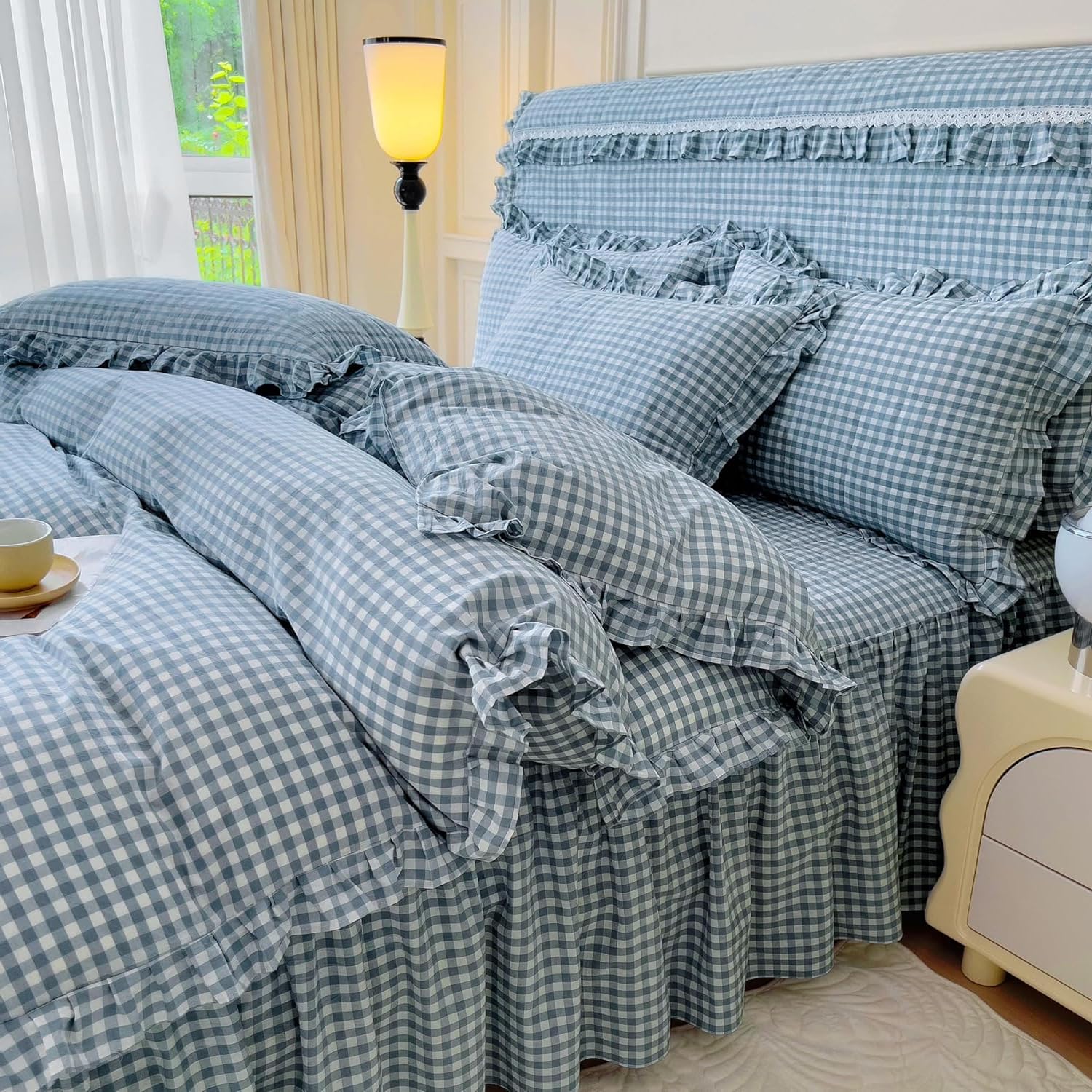 Twin XL Comforter Set Blue Gingham Comforter with 2 Pillowcases Ruffle Plaid Grid Pattern Comforter Set for Men Boys Fluffy Soft Lightweight Bedding Boho Plaid Checkered Comforter Twin XL — image 1